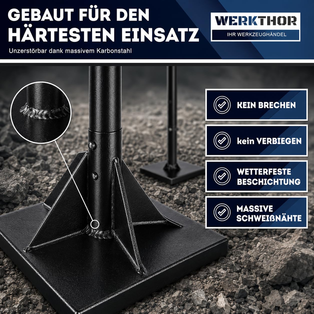 WERKTHOR Machacador de suelo de acero desmontable, 122 cm de alto, con placa base de 20 x 20 cm, apisonador manual para compactar con mango de goma