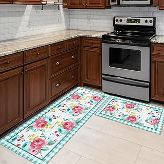 Red Teal Floral Kitchen Rugs and Mats Non-Skid Washable for Floor, Flora...