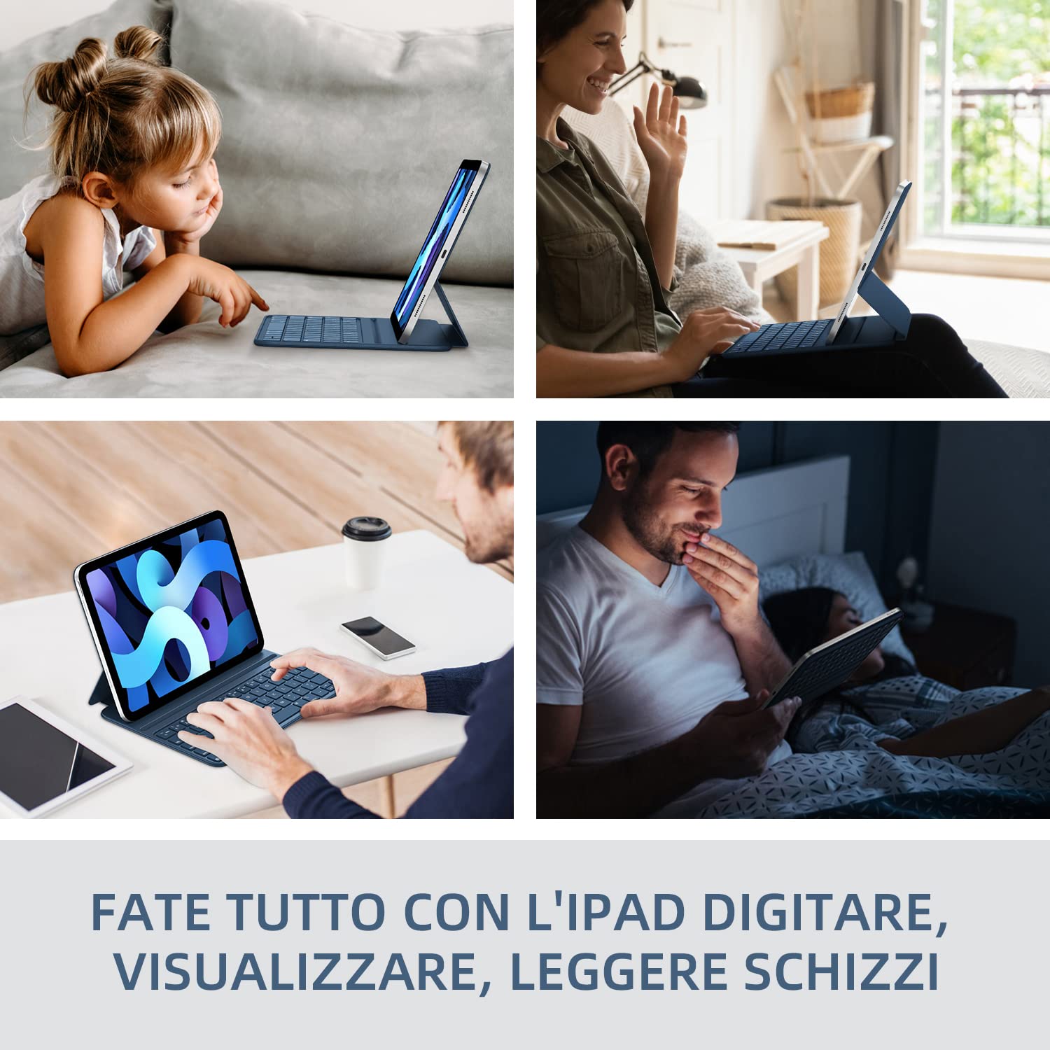 HOU Tastiera iPad Pro 11(4 °/3 °/2 °/1 °), iPad Air 11" 2024/5 Generazione(4 Generazione),QWERTY Disposizione Italiana,Ultra Slim,Angolo Regolabile,Carica Magnetica Blu