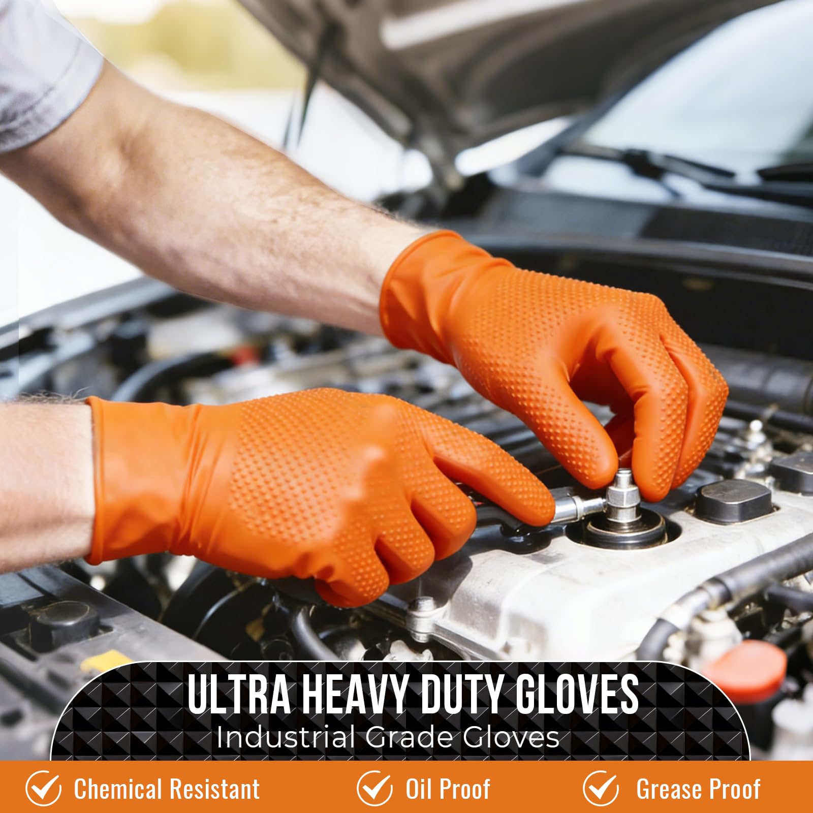 ANBOSON Guantes desechables de nitrilo de 10 mil, guantes mecánicos resistentes, textura de diamante elevada, color naranja grueso, paquete de 100 unidades, talla M