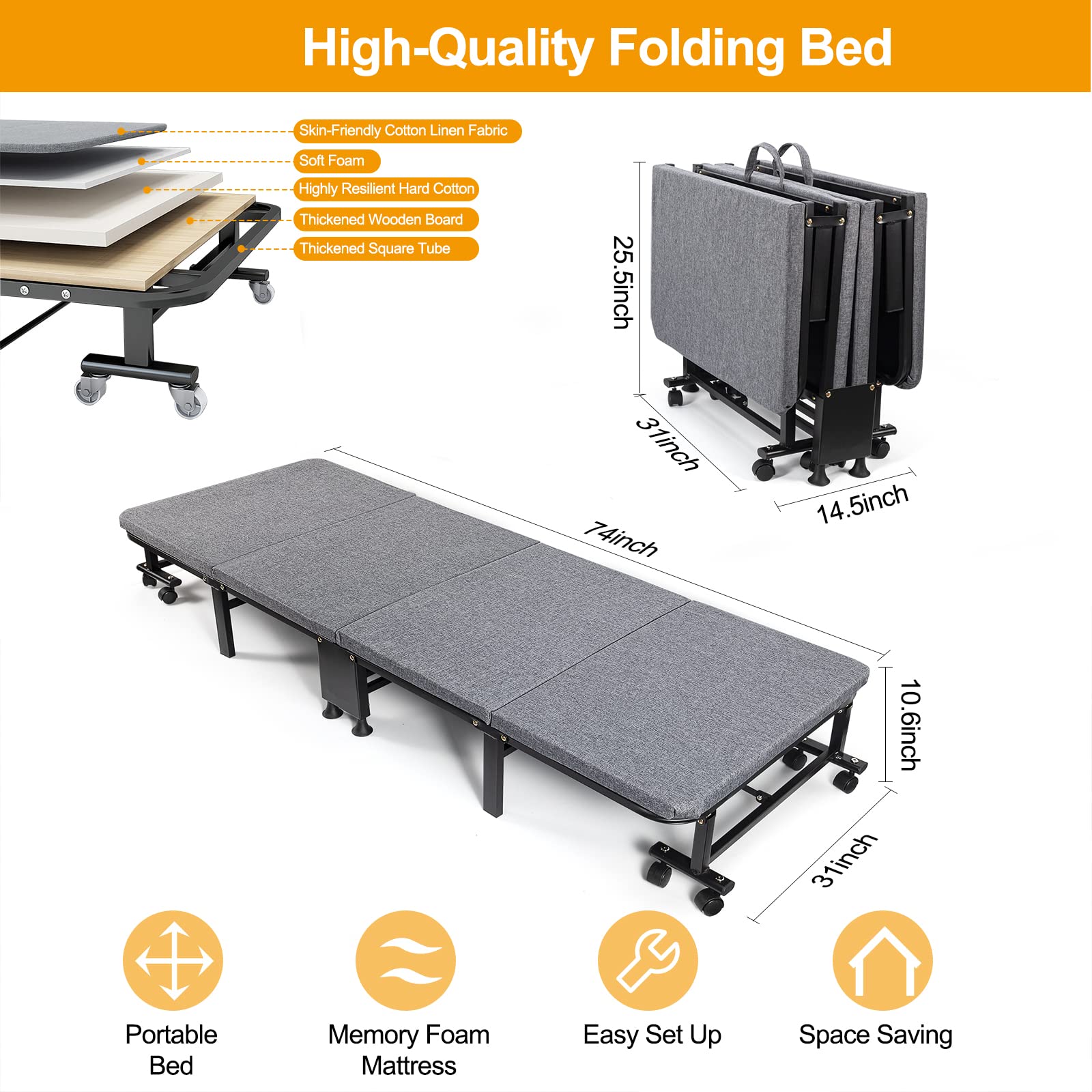 Amazon｜折りたたみベッド 74インチ x 31インチ マットレス付き 大人用