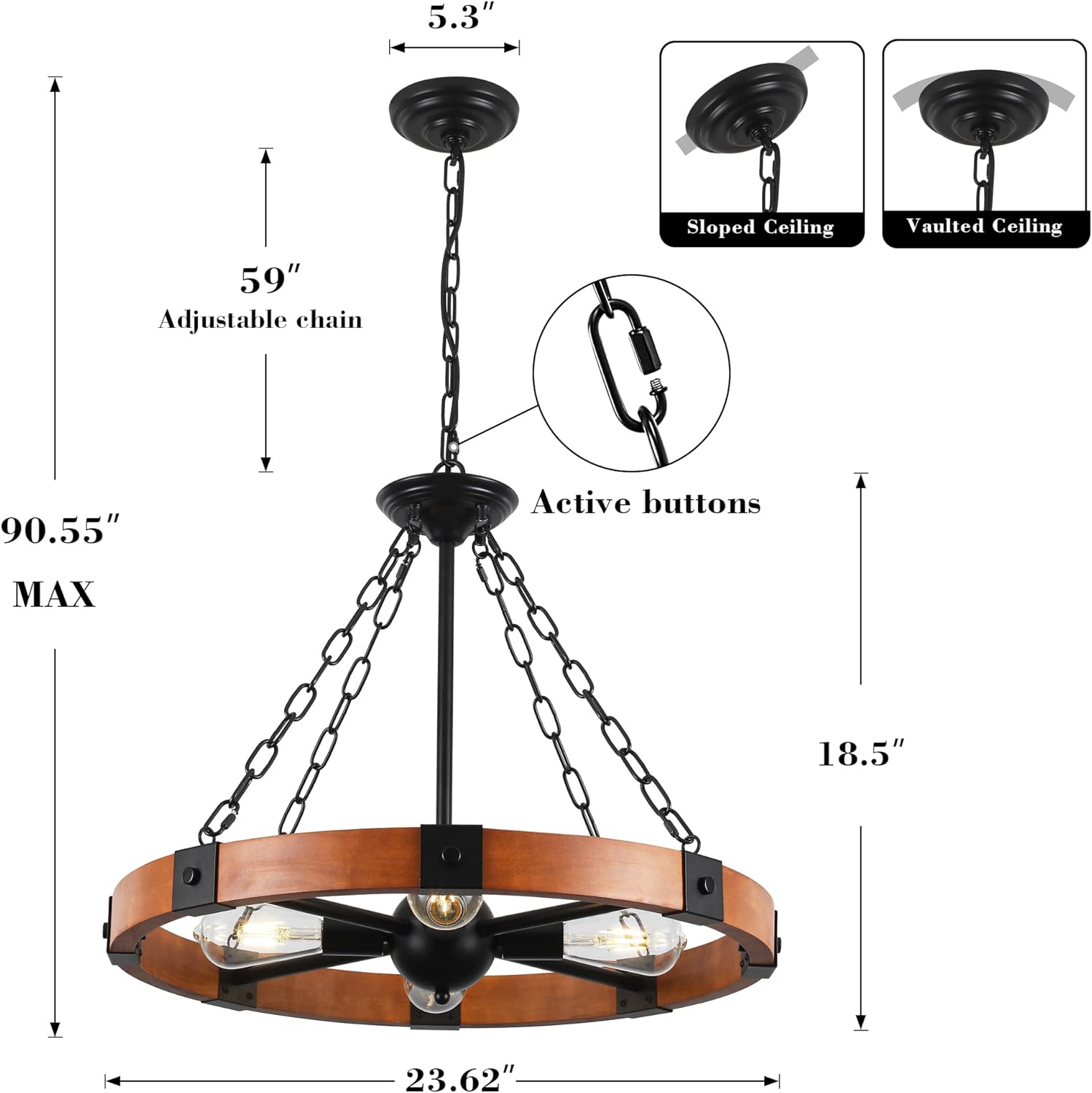 23.6 inch Wood Wagon Wheel Chandelier, 4-Light Farmhouse Chandelier Rustic Round Hanging Light Fixtures for Dining Room Kitchen Island Living Room Entryway Foyer Bar, E26