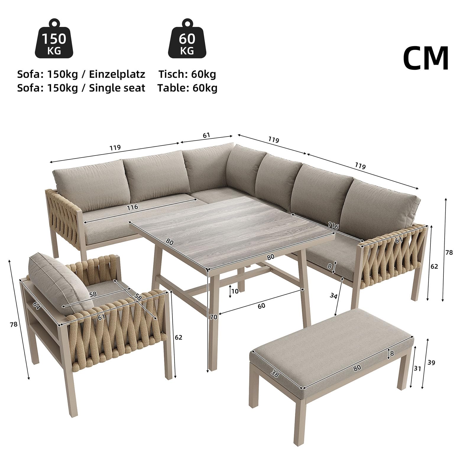 Ensemble de mobilier de Jardin 7 Places, 7 sièges, 1 Table Basse, rotin PE, Tubes en Acier galvanisé, Verre trempé, Coussins d'assise déhoussables et lavables (6-10 Seats-O)
