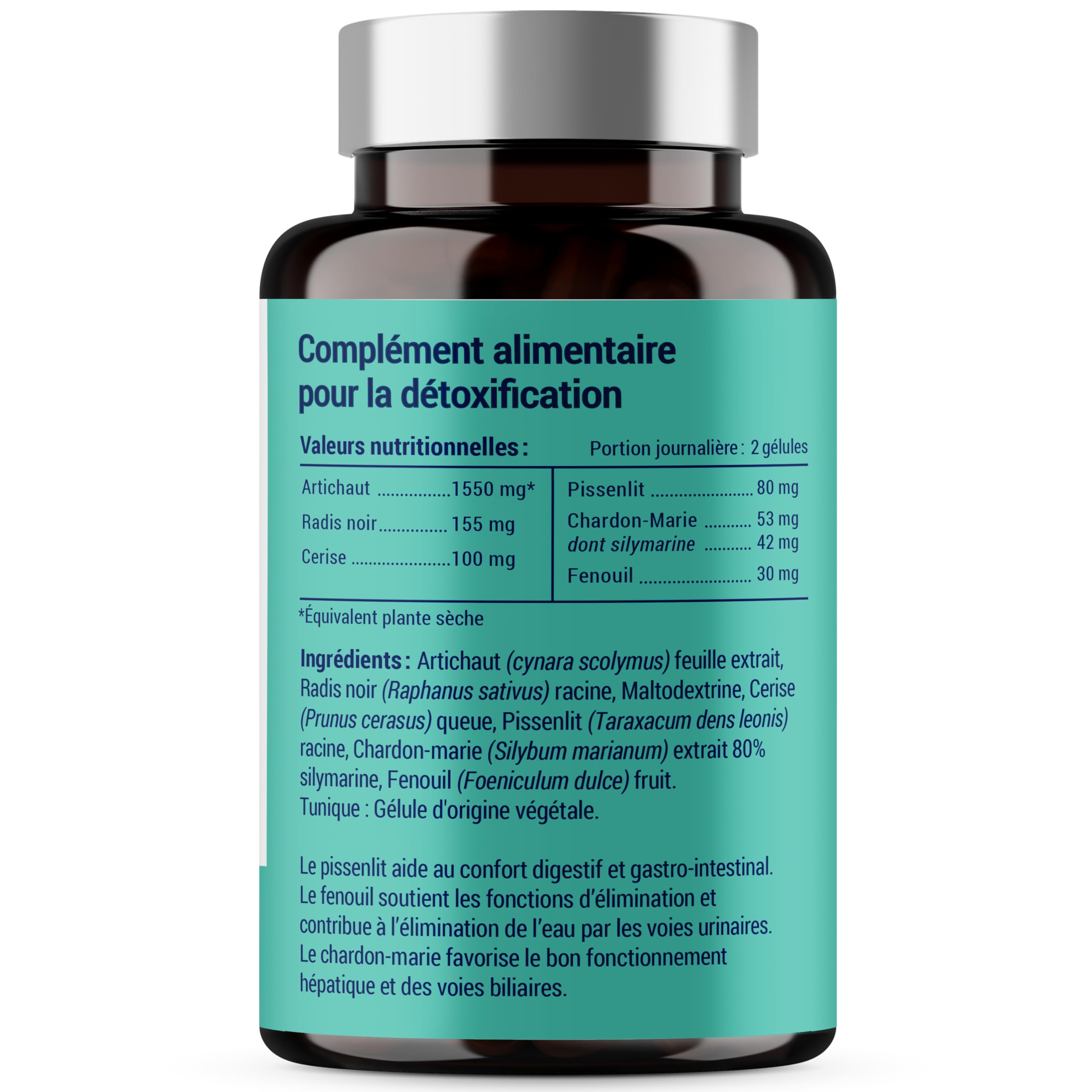FORMULE DETOX | Complexe de Plantes : Artichaut Radis noir Queue de cerises Pissenlit Chardon marie | Detoxifiant Foie et Intestin | Detox Colon et Draineur Foie | 60 Gélules