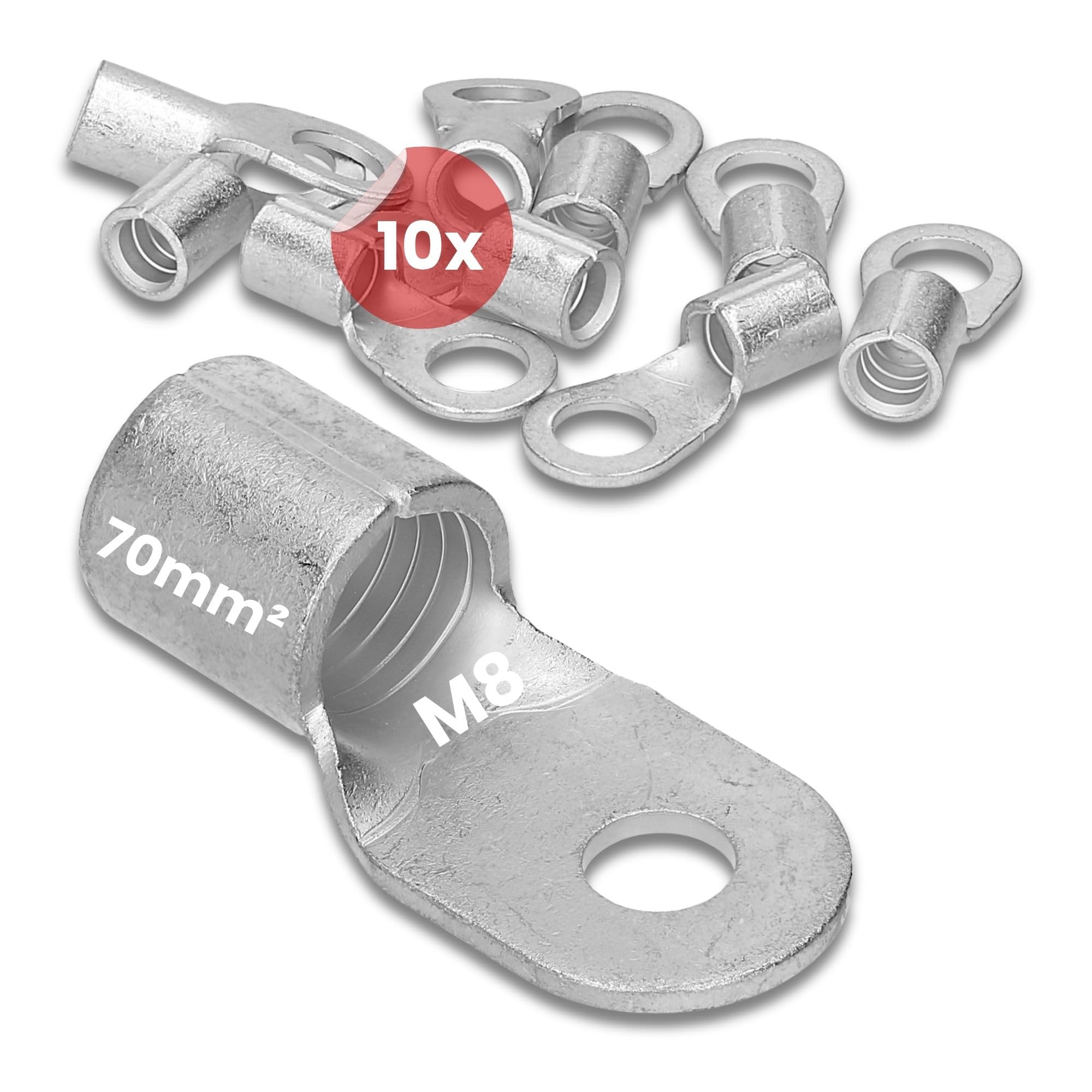 Kalitec Lot de 10 Cosses à Sertir 70 mm² M8, Connecteur de Câble Nu | Cosses à anneau en cuivre électrolytique selon DIN 46234 pour armoires électriques et véhicules, pressage au mandrin.