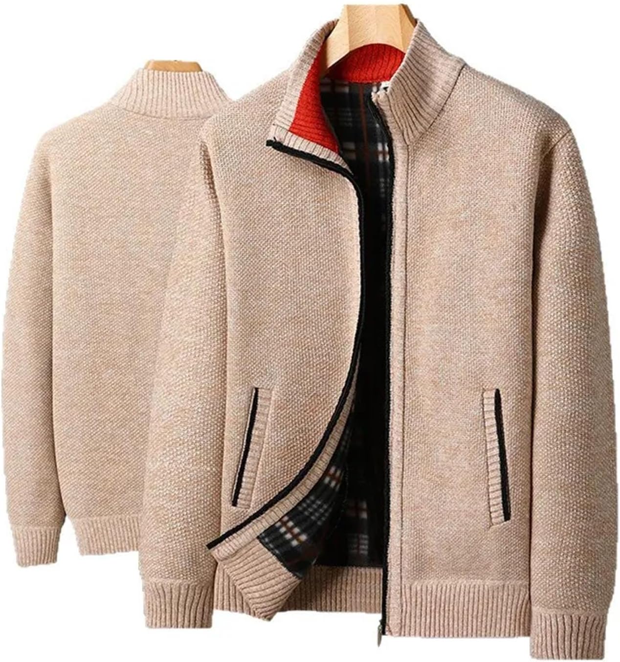 Men's Lightweight Stand-up Collar Fleece Thickened Solid Color Sweater Warm Cardigan Knitted Jackets
