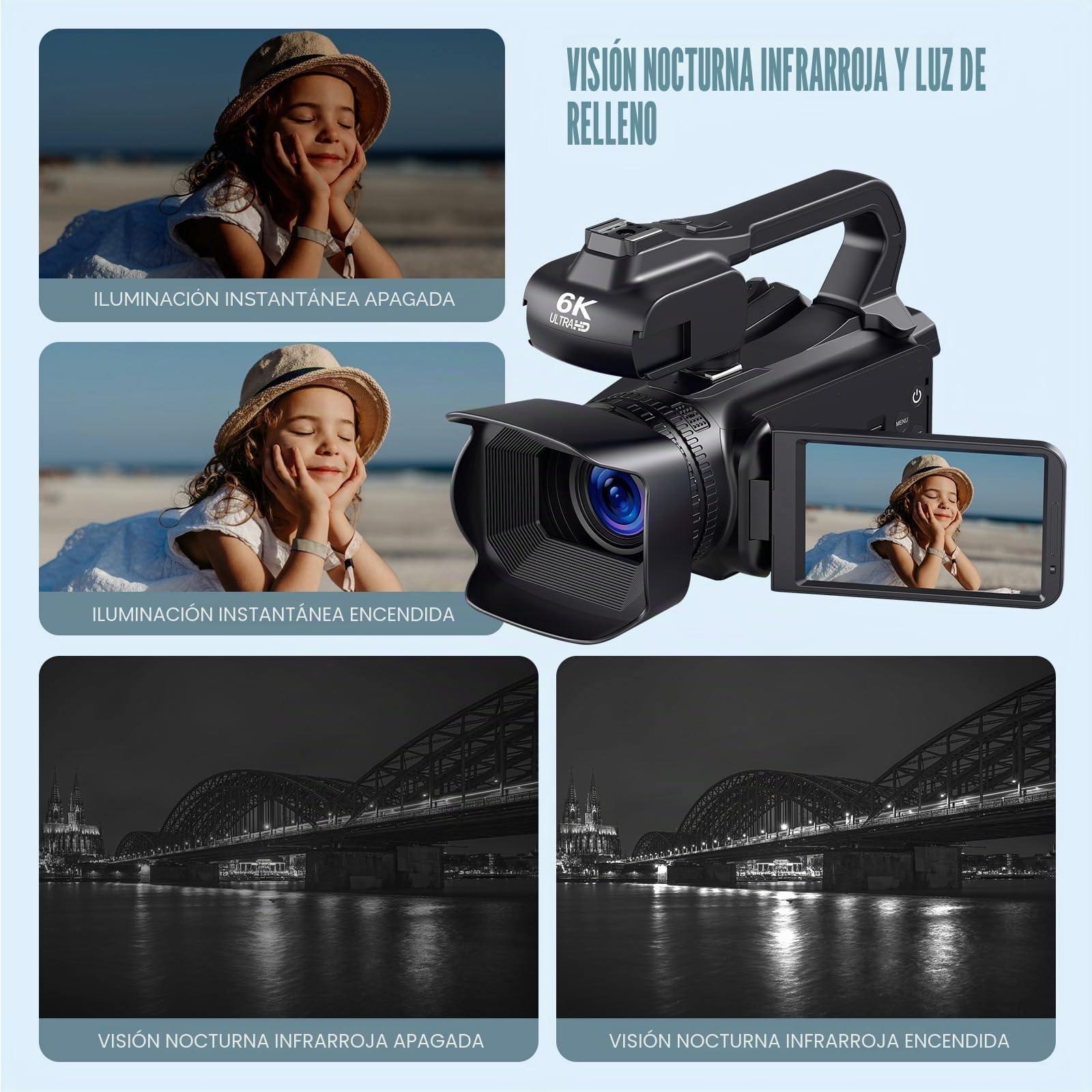 Videocámara 6K con 64MP, zoom digital 18X, visión nocturna IR, pantalla táctil de 4,0 pulgadas, WiFi, batería de 4500 mAh, tarjeta SD de 64 GB, estabilizador y mando a distancia