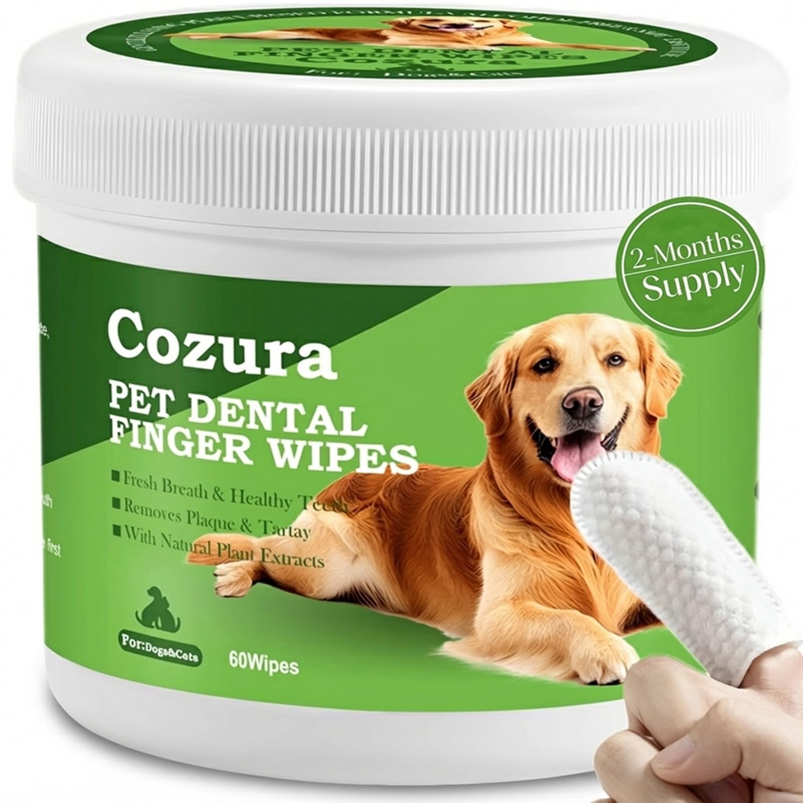 Dog Dental Wipes for Teeth Cleaning - Removes Plaque & Tartar, Effective Toothbrush & Toothpaste Alternative Kit Finger Pet Dental Care Pads, Fresh Breath for Dogs & Cats - 60ct, Unscented