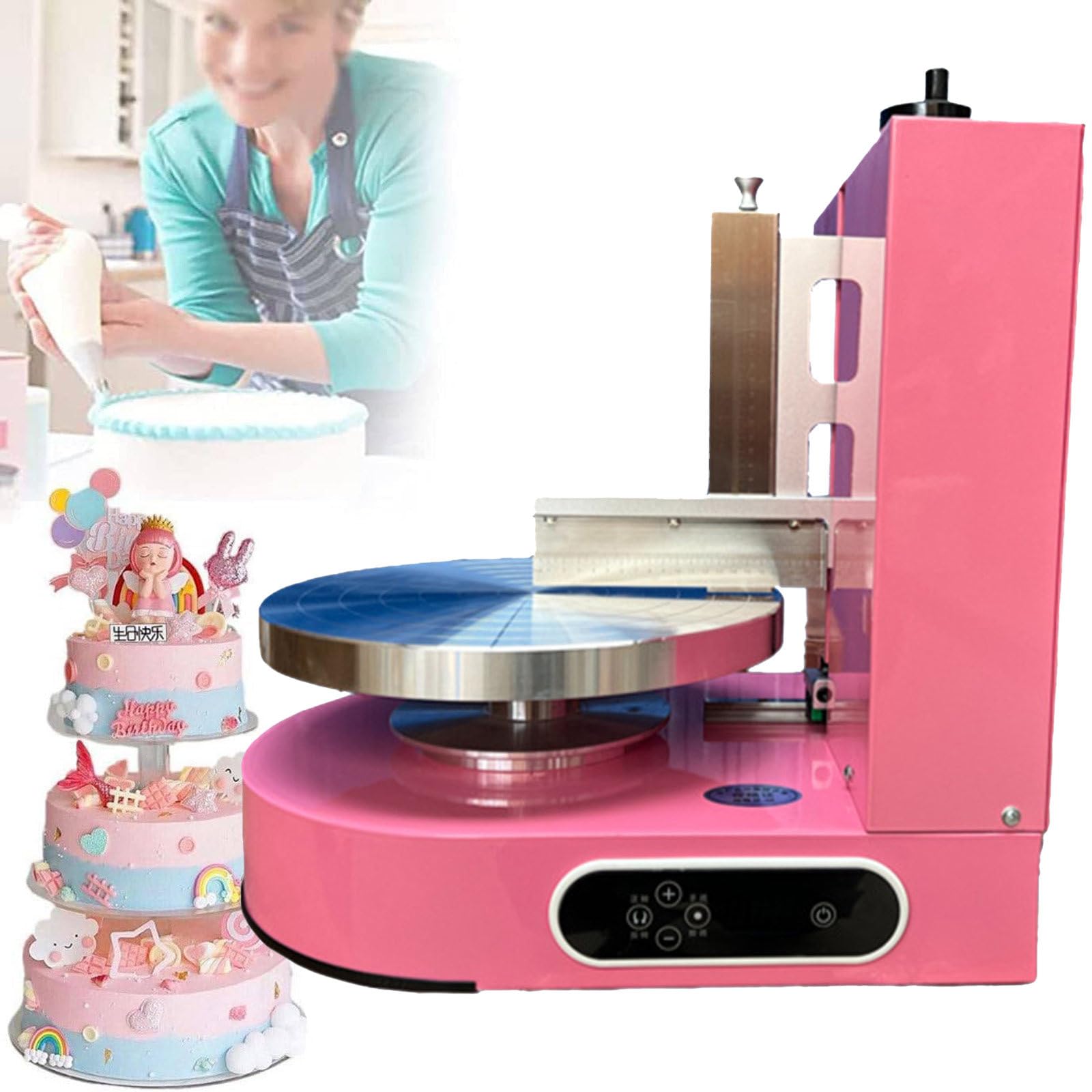 Elektrische Tortendekoration Maschine, 4-12 Zoll Torten Buttercreme Streichmaschine, Professionelle Tortenguss Maschine mit 304 Edelstahlspatel, Elektronische Tasten,Pink
