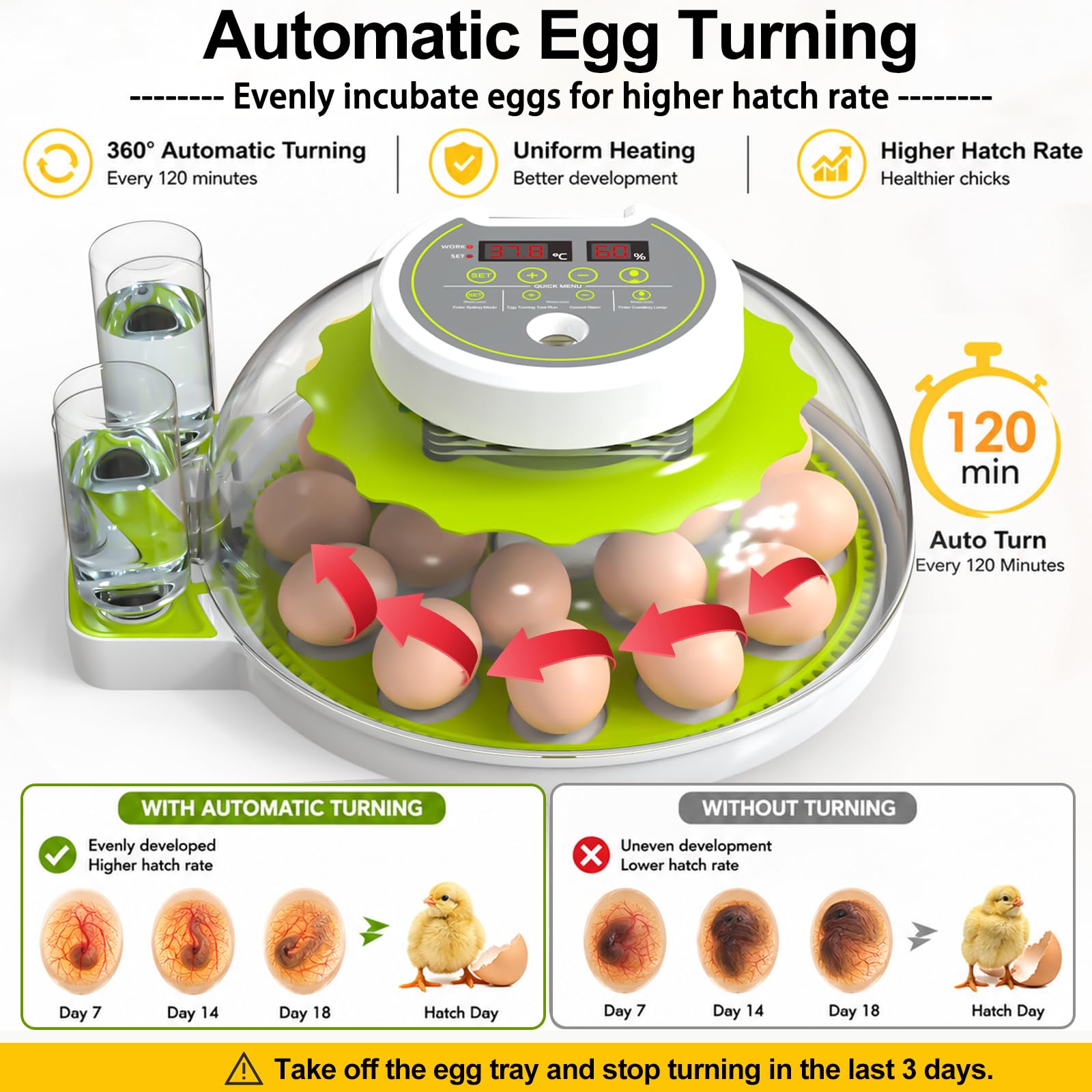 Incubatrice per uova 18/60 con display di umidità, candela per uova, tornitrice automatica per uova, incubatrice per uova di pollame, anatre, anatre, quaglie, verde