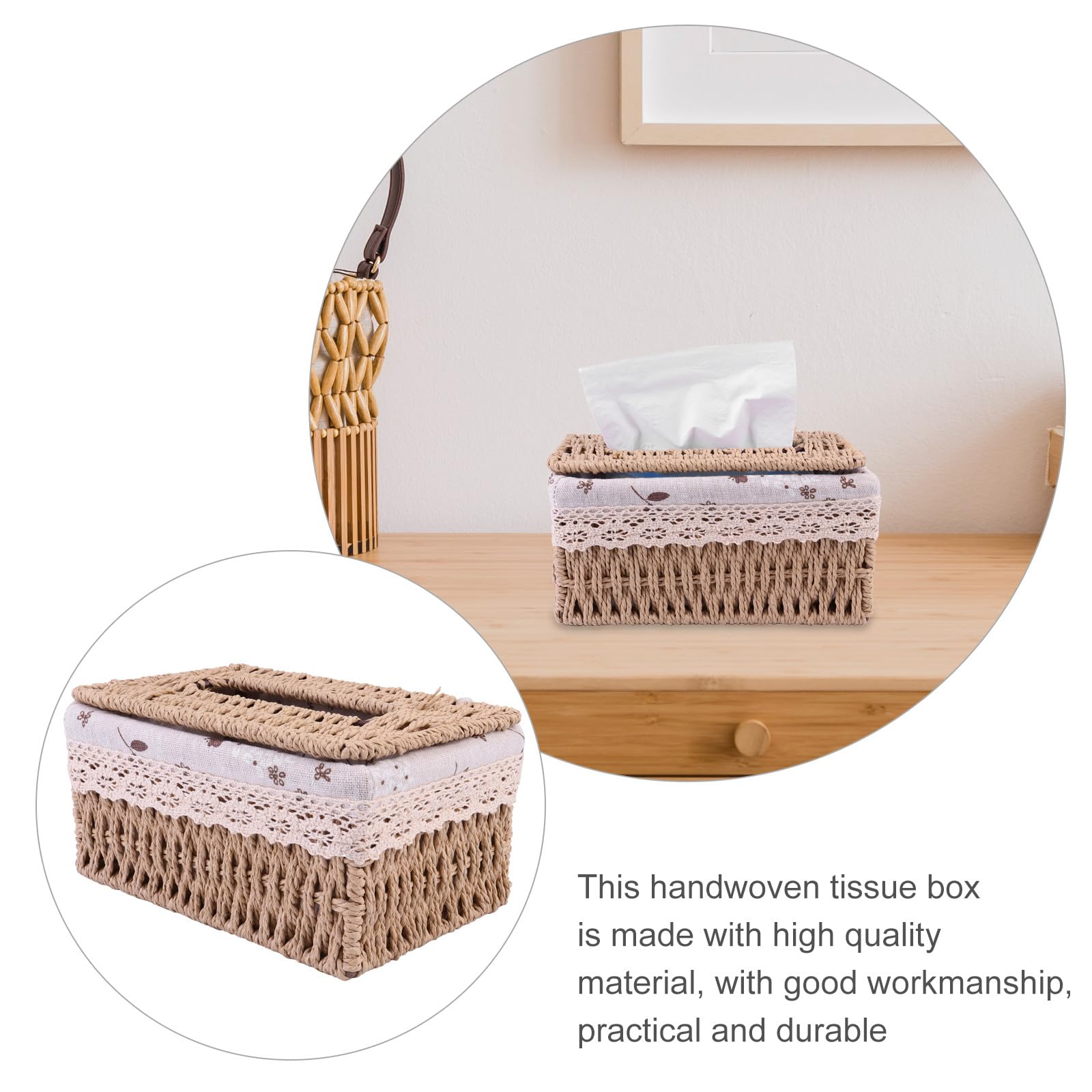 UKCOCO Handgewebte Taschentuchbox aus Seegras Kompakte Aufbewahrungsbox mit Spitzendesign Mehrzweck Gewebebox für Wohnzimmer und Badezimmer