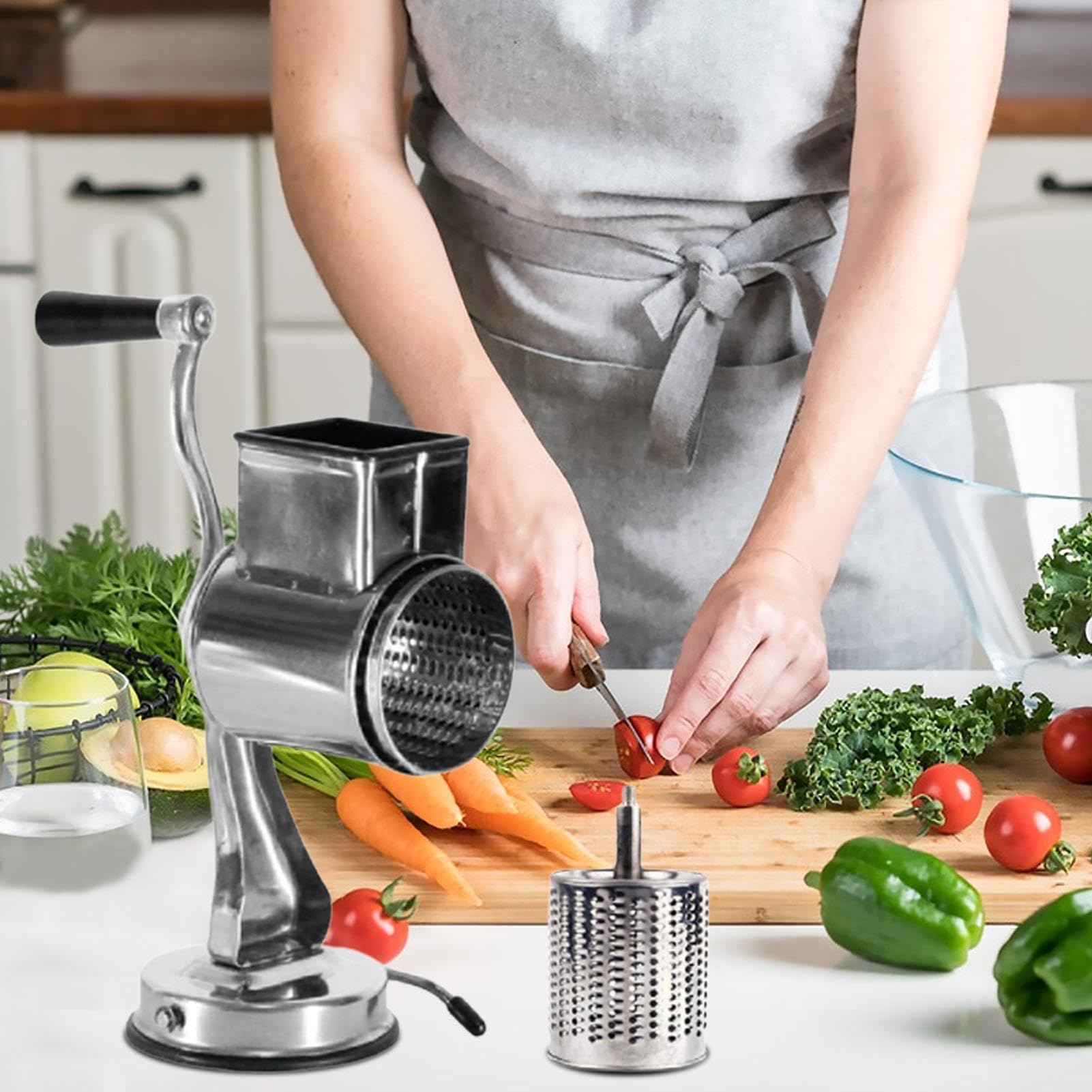 Rallador De Queso De Acero Inoxidable con Manivela - Rallador De Tambor Giratorio De Metal para Cocina, Rallador De Patatas Manual Multifuncional con Base De Succión