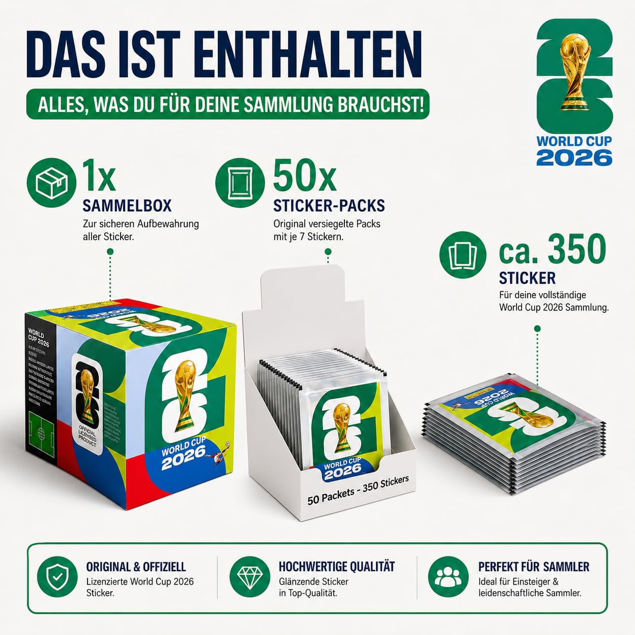 Fußball Sticker 2026, Box mit 50 Stickertüten, 350 Stickern zum Sammeln und Tauschen, Geschenkidee für Fußballfans und Sammler
