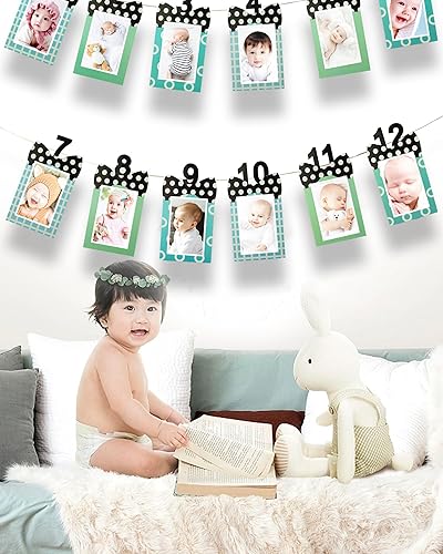 Miniatura 5 de Cartel de fotos de primer cumpleaños, 12 piezas de decoración de cumpleaños de un año con temática de lazo, decoraciones de primer cumpleaños para