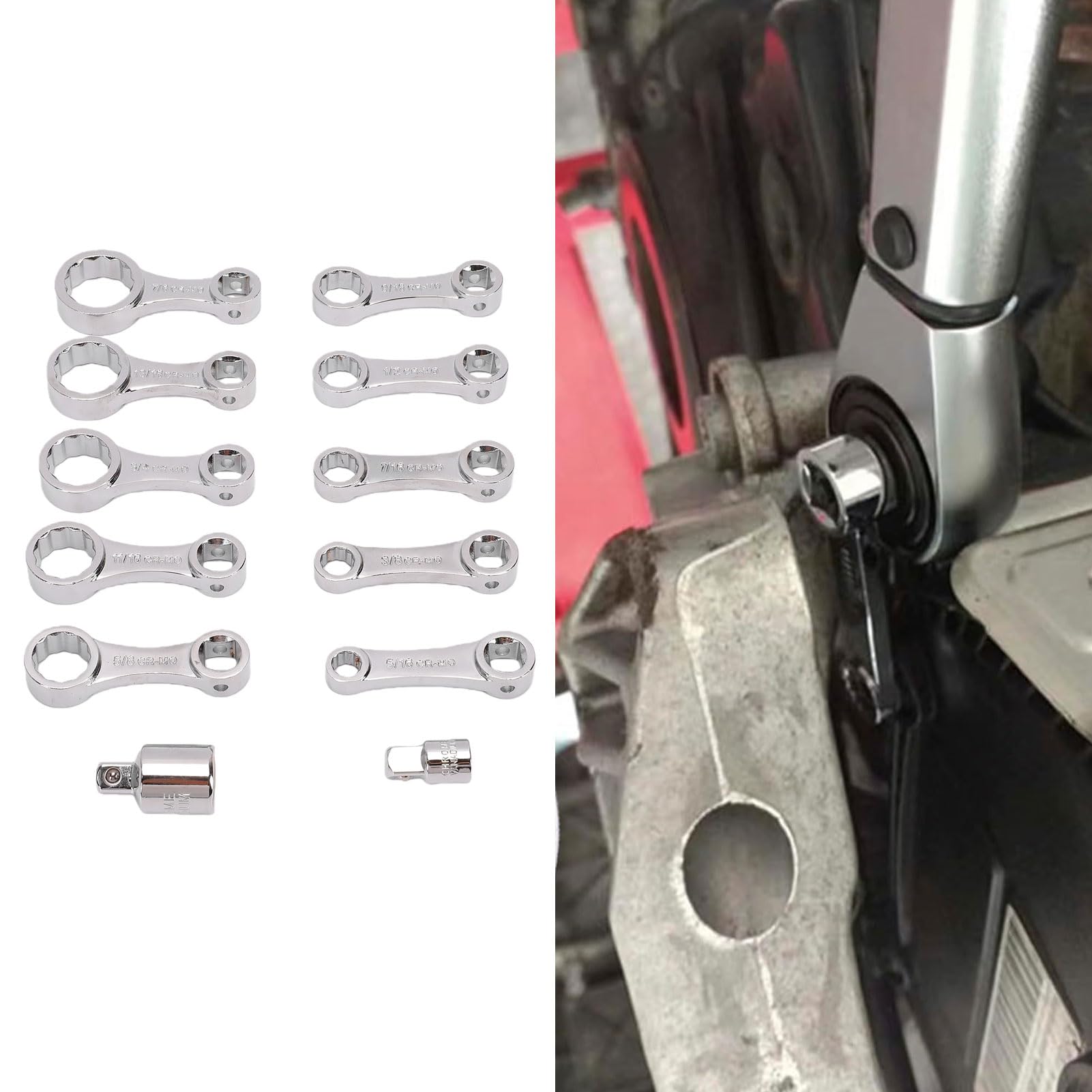 Zestaw Adapterów Skrętnych z Napędem 3/8 12-kątny Klucz Oczkowy 10 Rozmiarów 5/16 do 7/8 Cala z 2 Adapterami Nasadowymi 1/2 i 1/4 Cala do Napraw Samochodowych i Konserwacji