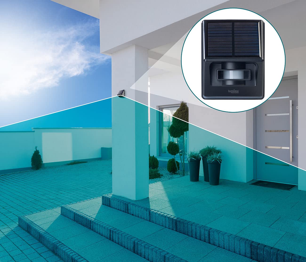 Luminea Home Control App-Bewegungsmelder: Outdoor-PIR-Sensor mit ZigBee-WLAN-Gateway und Solarpanel, IP55 (Outdoor ZigBee Motion Sensor, Akku Bewegungsmelder aussen)
