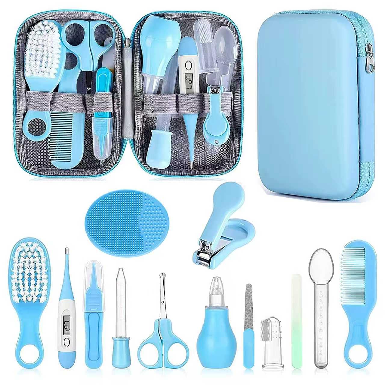 Qunlions life Baby Gesundheitswesen und Pflegeset, Säuglingssicherheitspflege Set mit Haarbürste, Kamm, Nagelknipser, Baby Essentials Kit für Neugeborene Mädchen Jungen (Blau 14 in 1)