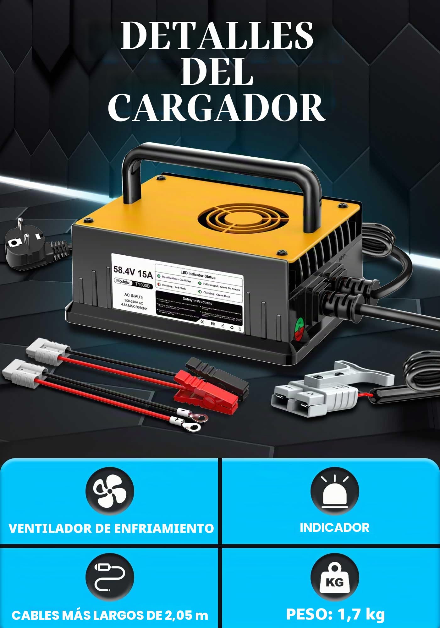 58,4V 15A Cargador de Batería Litio para 48V (51.2V) LiFePO4 Baterías, 48V Cargador de Batería Litio para Autocaravanas, Barcos, Vehículos Marinos y Sistemas Solar