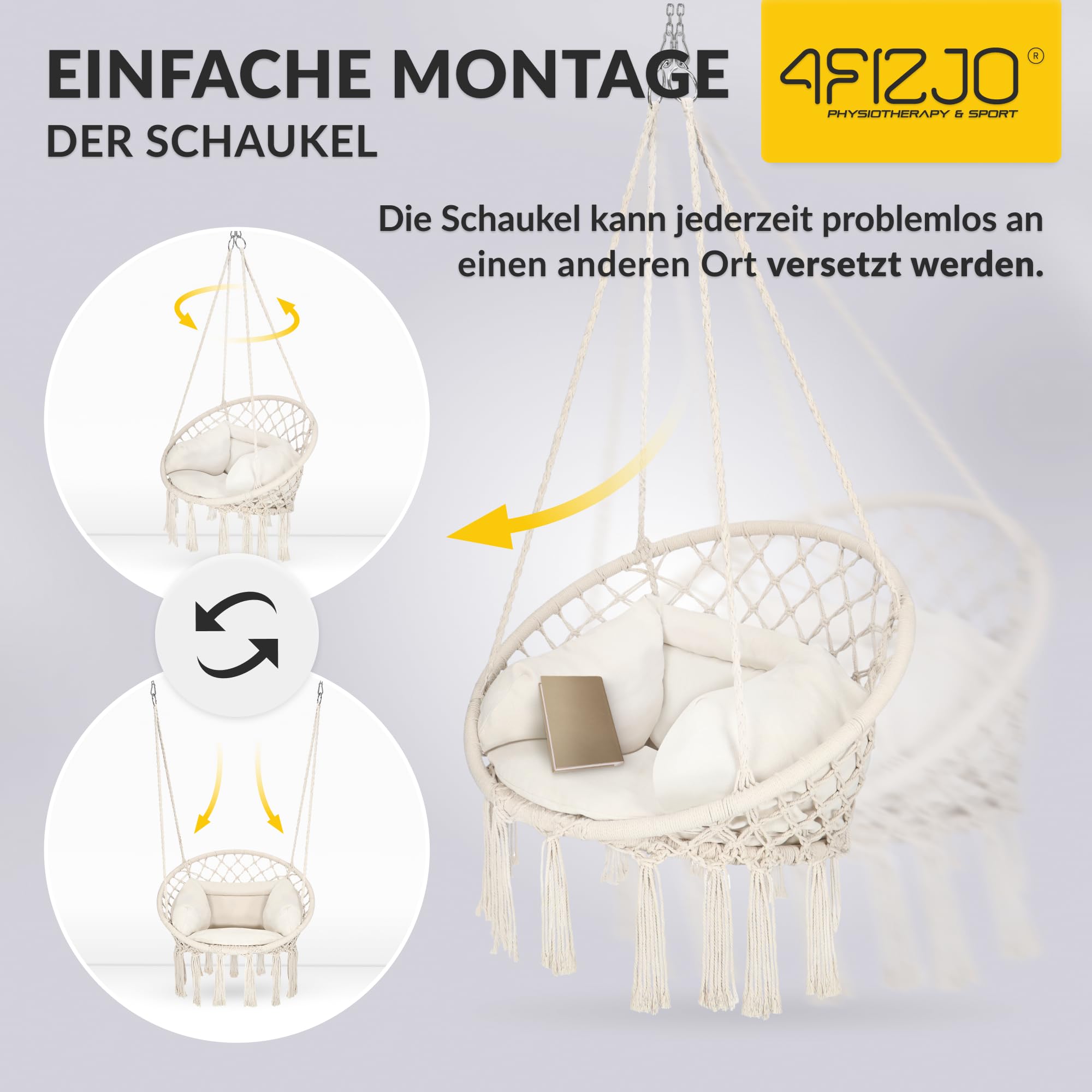 4FIZJO Hängesessel Boho mit Kissen, Makramee hängesessel, Garten schaukel, Hängekorb, Schaukelkorb, Therapieschaukel Kinder, Hängesessel Indoor & Outdoor, Hängesitz, Maximale Belastung 125 kg, Beige