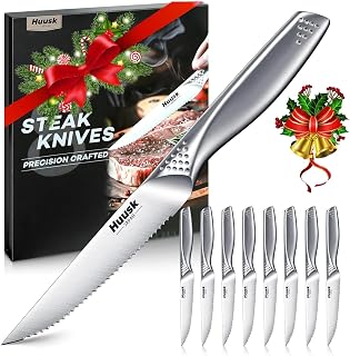Huusk Serrated Steak Knives Set of 8 - 4.5" Japanese Stainless Steel, Sharp Dishwasher Safe with Gift Box