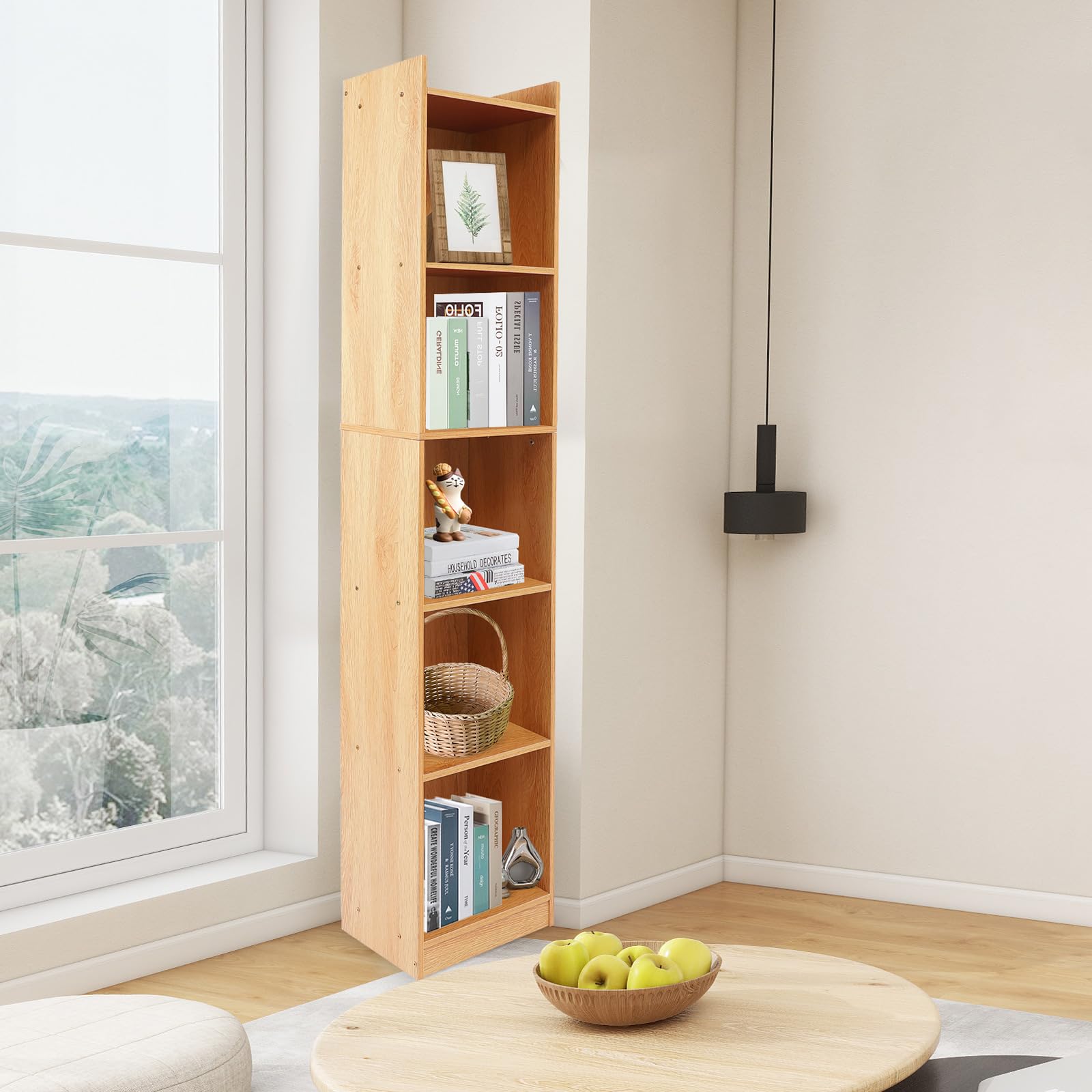 Bücherregal mit 5 Fächern, Standregal Weiß, Würfelregal, freistehendes Regal, Büroregal Aktenregal aus Holzwerkstoff, 30 * 24 * 152cm (Eiche)