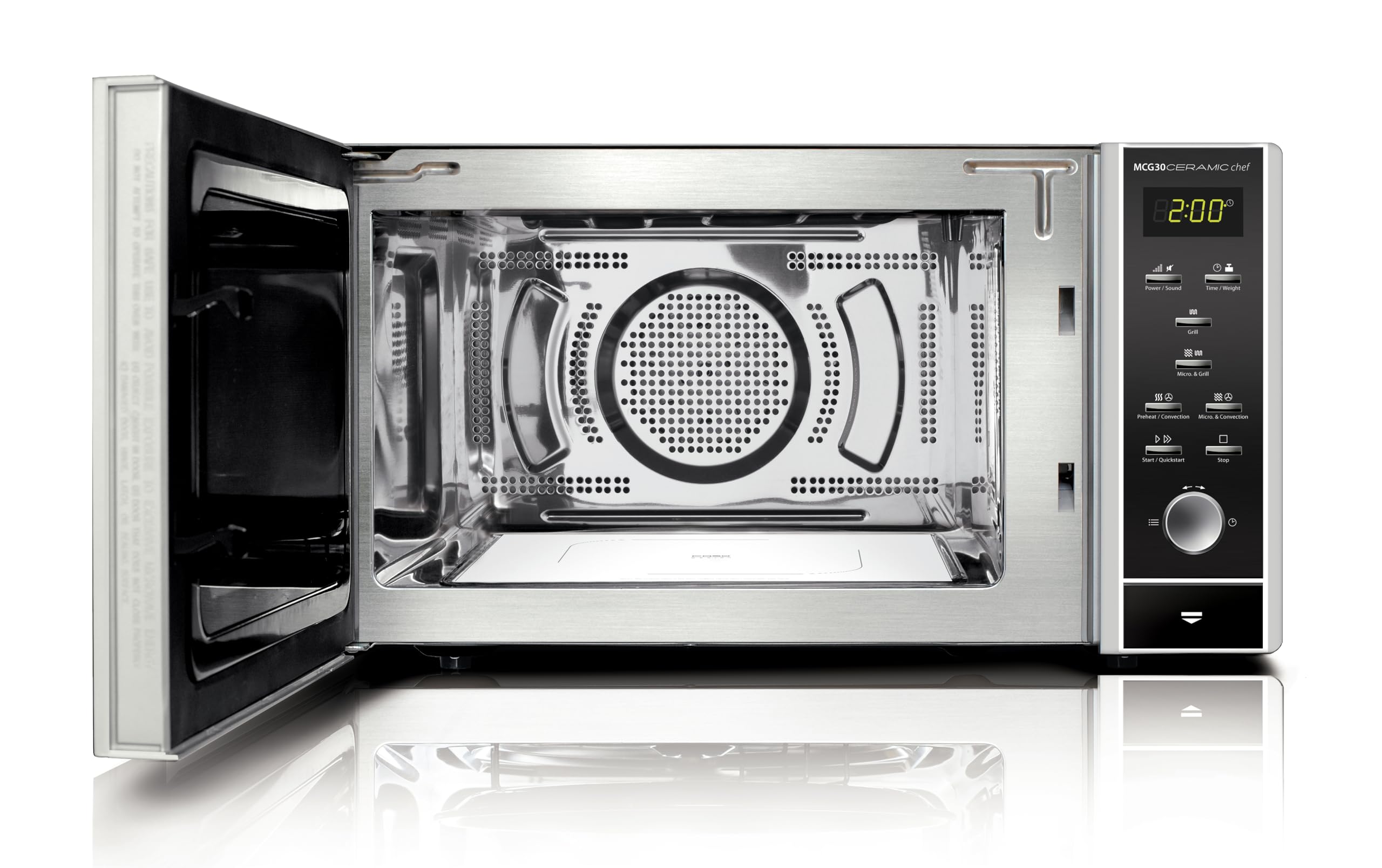 CASO MCG 30 Ceramic Chef - microondas 3 en 1 sin plato giratorio de 900W con grill de 1200W y aire caliente de 2100W - Capacidad grande de 30L - pantalla digital, frontal espejado - negro