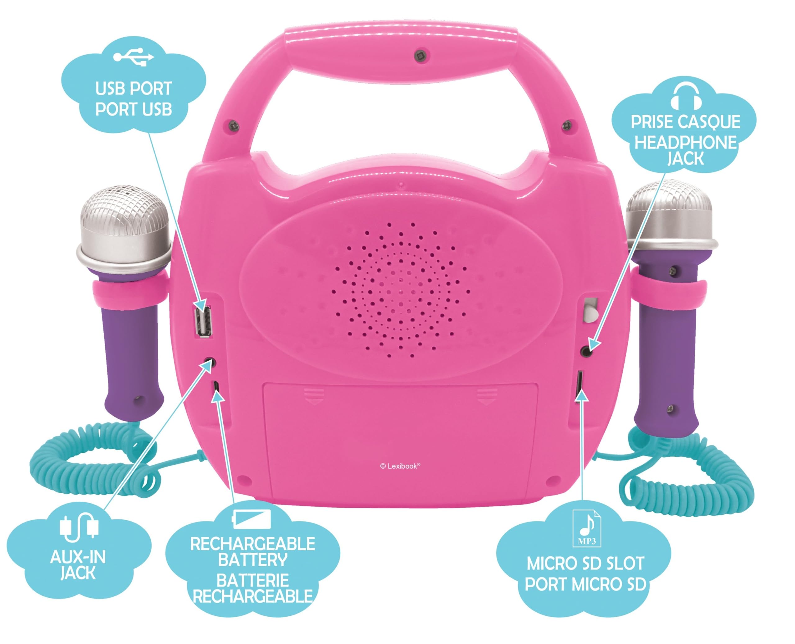 Lexibook Unicorno - Lettore Musicale Karaoke Portatile per Bambini - Microfoni, Effetti di Luce, Bluetooth, Registrazione vocale e funzioni di Modifica, batterie Ricaricabili, Rosa, MP320UNIZLXB