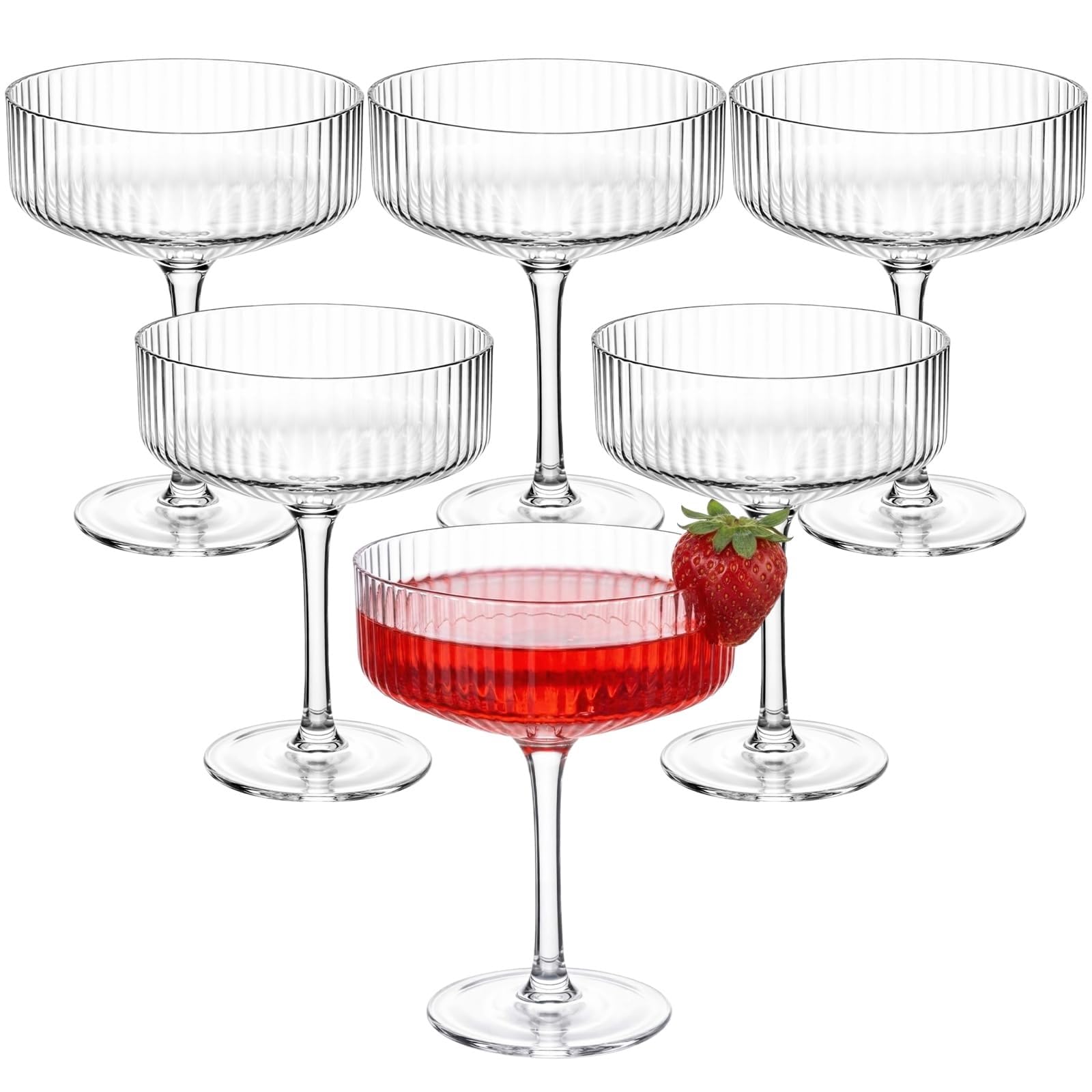 Juego de 6 copas cupé acanaladas Champagne Tower de 8 oz, copas de Martini clásicas transparentes for bodas, fiestas de cumpleaños y bares Vaso para bebidas