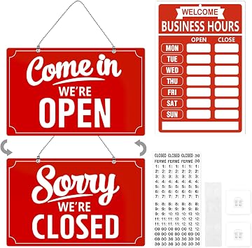 Open Closed Flip Sign Set, Business Hours Sign for Window Door, Black Double Sided Open Closed Sign, Reusable Store Hour Sign for Restaurant Bar Cafe Salon Retail Shop Indoor Use Red