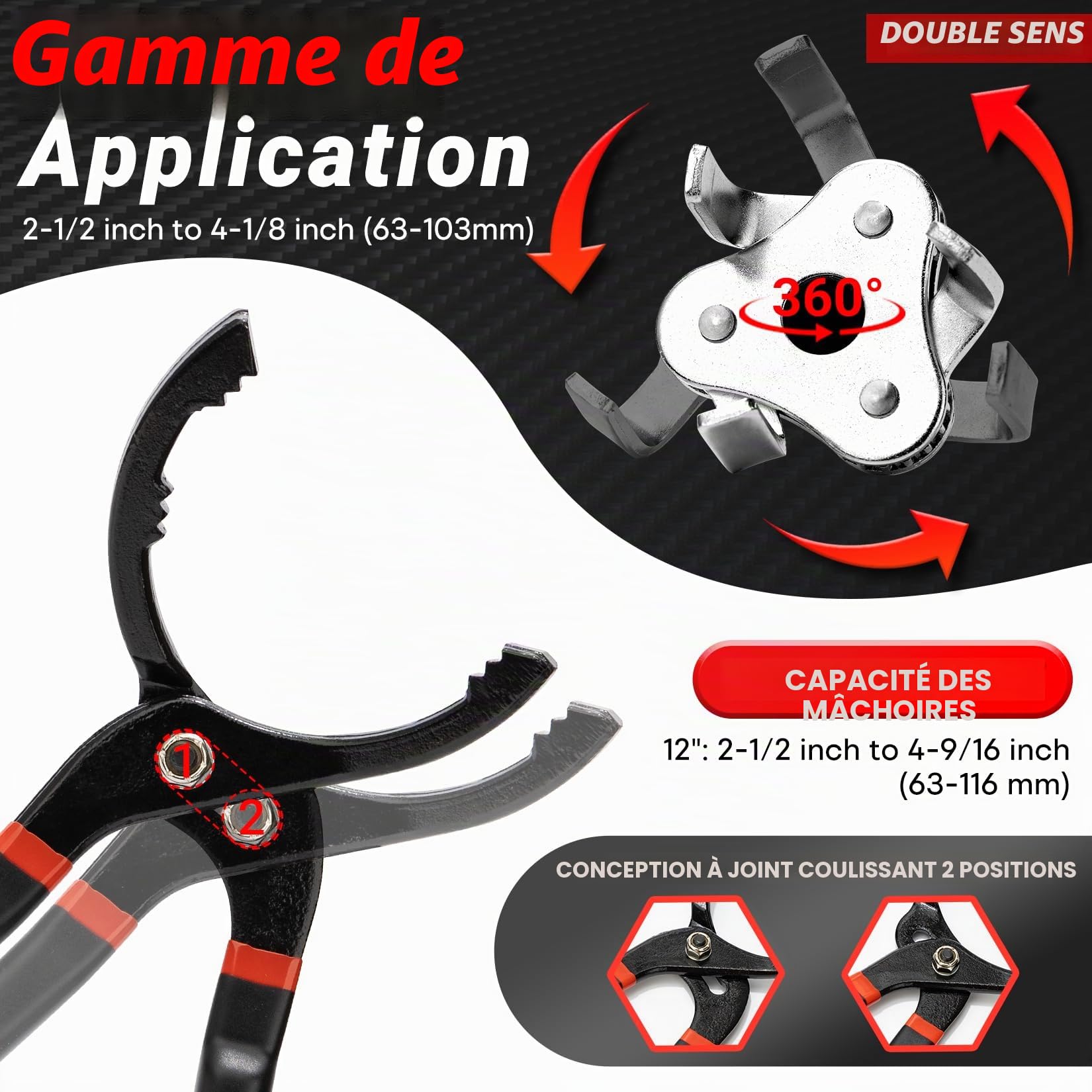 Shall Jeu de clés pour filtre à huile, pince à filtre à huile de 30,5 cm, outil à 3 mâchoires pour retirer la clé de filtre à huile réglable, filetage intérieur 1/2" vers filetage extérieur 3/8"