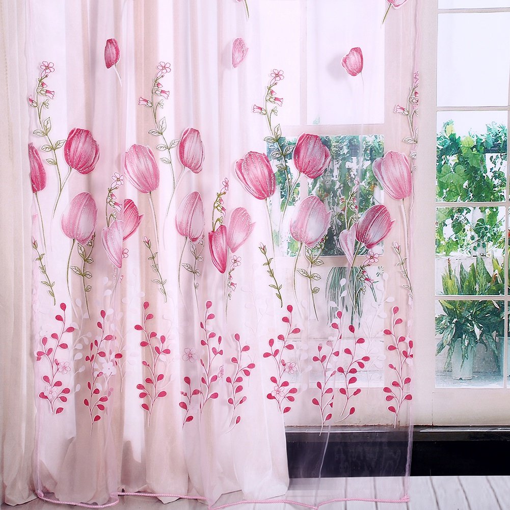 Weiyiroty Floral Sheer Curtains, 100 X 200cm Sweet Tulips Tulle Voile Drape Window Decoration Flower Print Voile Tulle Curtain for Living Room Bedroom Glass Door(Pink)