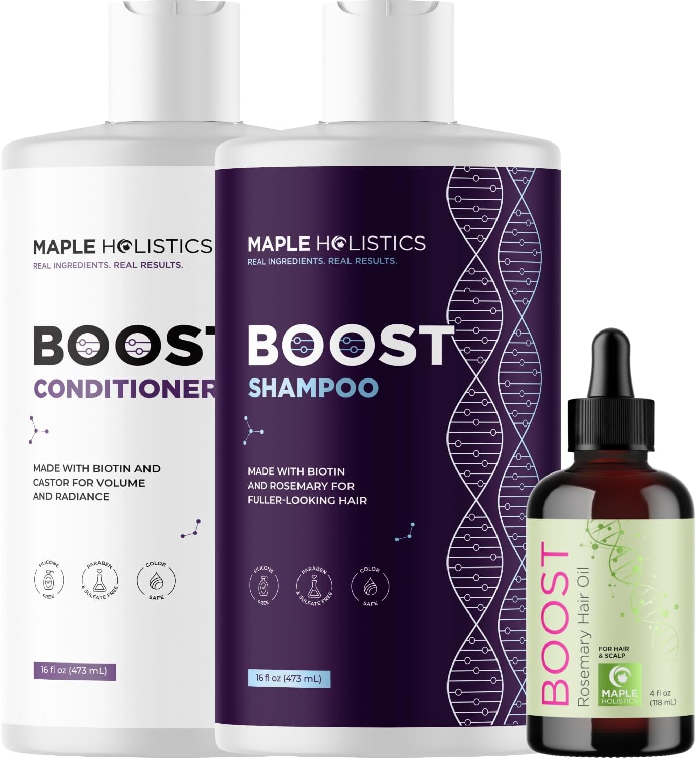 BOOST Biotin Hair Oil plus Advanced Biotin Shampoo and Conditioner Set - Hair Thickening Oil with Castor and Rosemary plus Volumizing Biotin Shampoo for Men and Women Bundle