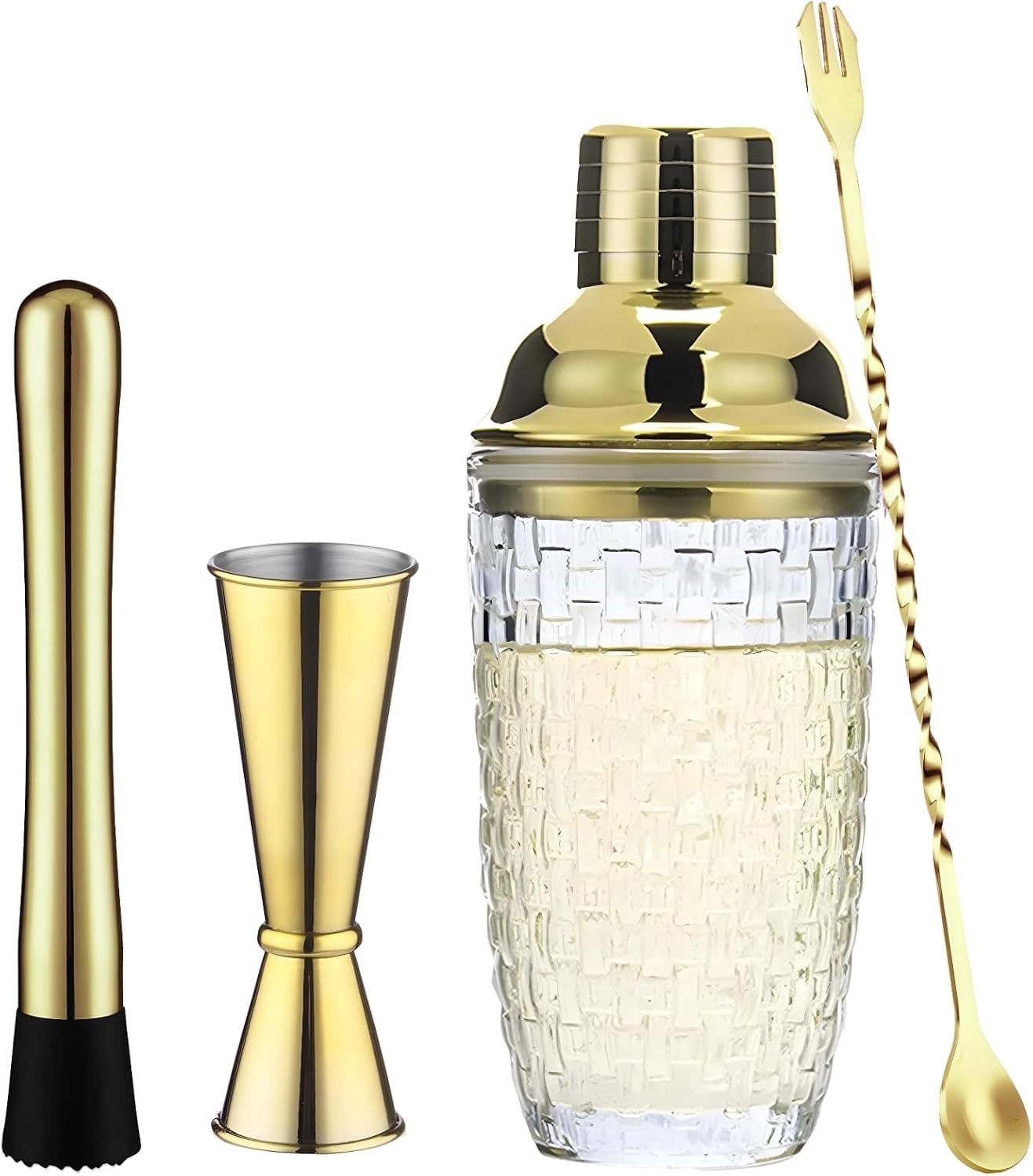 400 Ml Capability Stylish Pattern Cocktail Glass Woven Gold Shaker Set, Cocktail Glass, Ice Crasher, Stirrer, Measuring Cup Included, For Home And Professional Bartenders