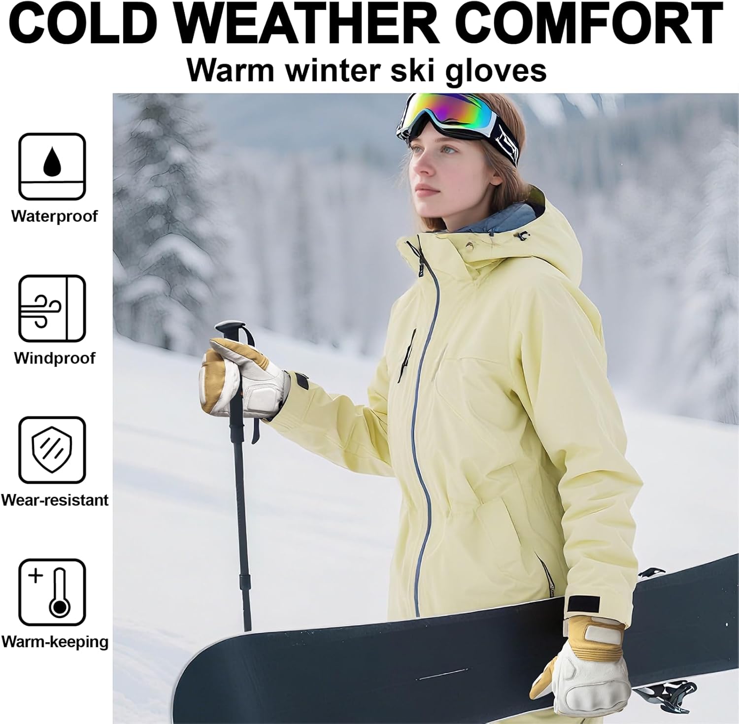 VXW Snowboard &Ski Racing Mittens with Wrist Guard - Goat Leather, Waterproof & Windproof with 3M Thinsulate and Soft Inner for Extreme Cold Weather