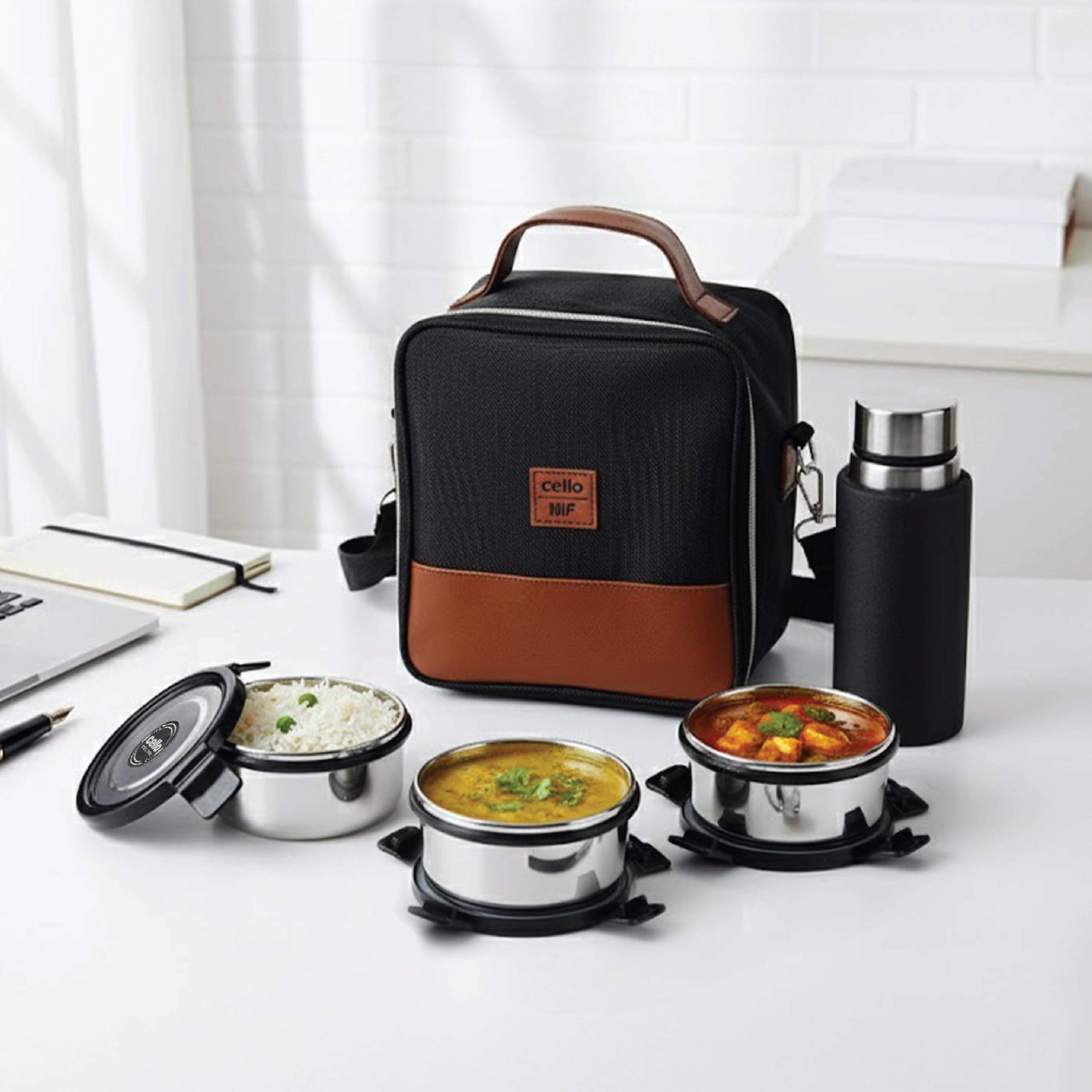 CELLO MF President Combo Stainless Steel Lunch Box with Bag, Black Leatherite | 3 x 300ml Round Steel Container, 1 x 450ml Steel Water Bottle | Airtight Clip Lock, Rust & Leakproof Office Tiffin Box-image-46