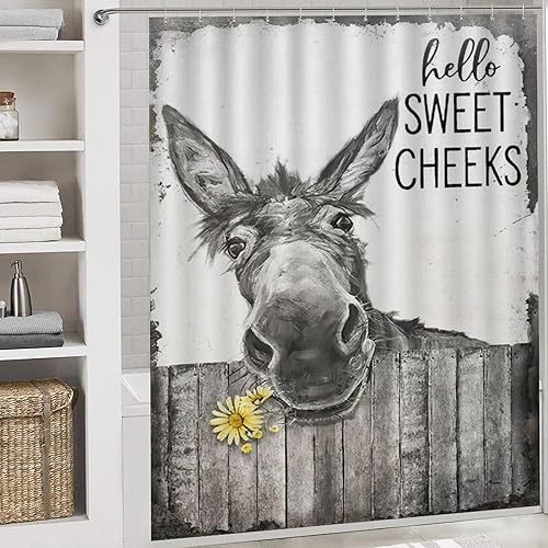 Miniatura 5 de Juego de 4 cortinas de ducha con alfombrilla de baño antideslizante y alfombra de inodoro, diseño rústico de burro divertido en blanco y negro