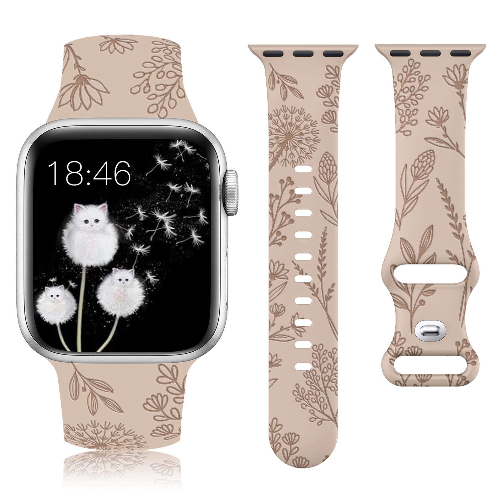 Minyee Floral Engraved Band Compatible with Apple Watch Bands 41mm 40mm 38mm 44mm 45mm 42mm 49mm Women, Cute Soft Silicone Flower Sport Fancy Summer Strap for iWatch Ultra 2, Series 9/8/7/6/5/4/3/2/1/SE