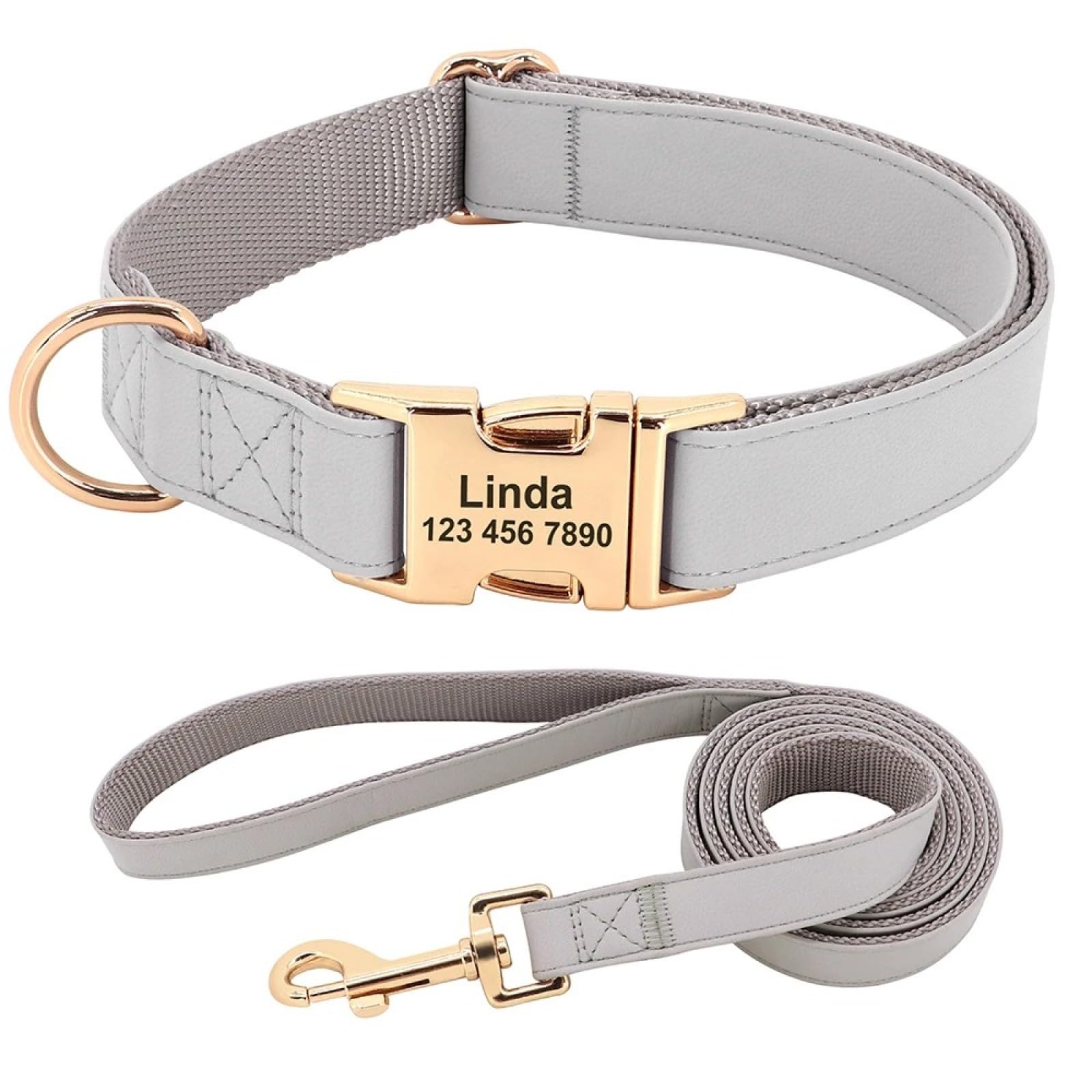 Laisse et collier de chien anti-perte personnalisable en cuir gris ajustable taille M