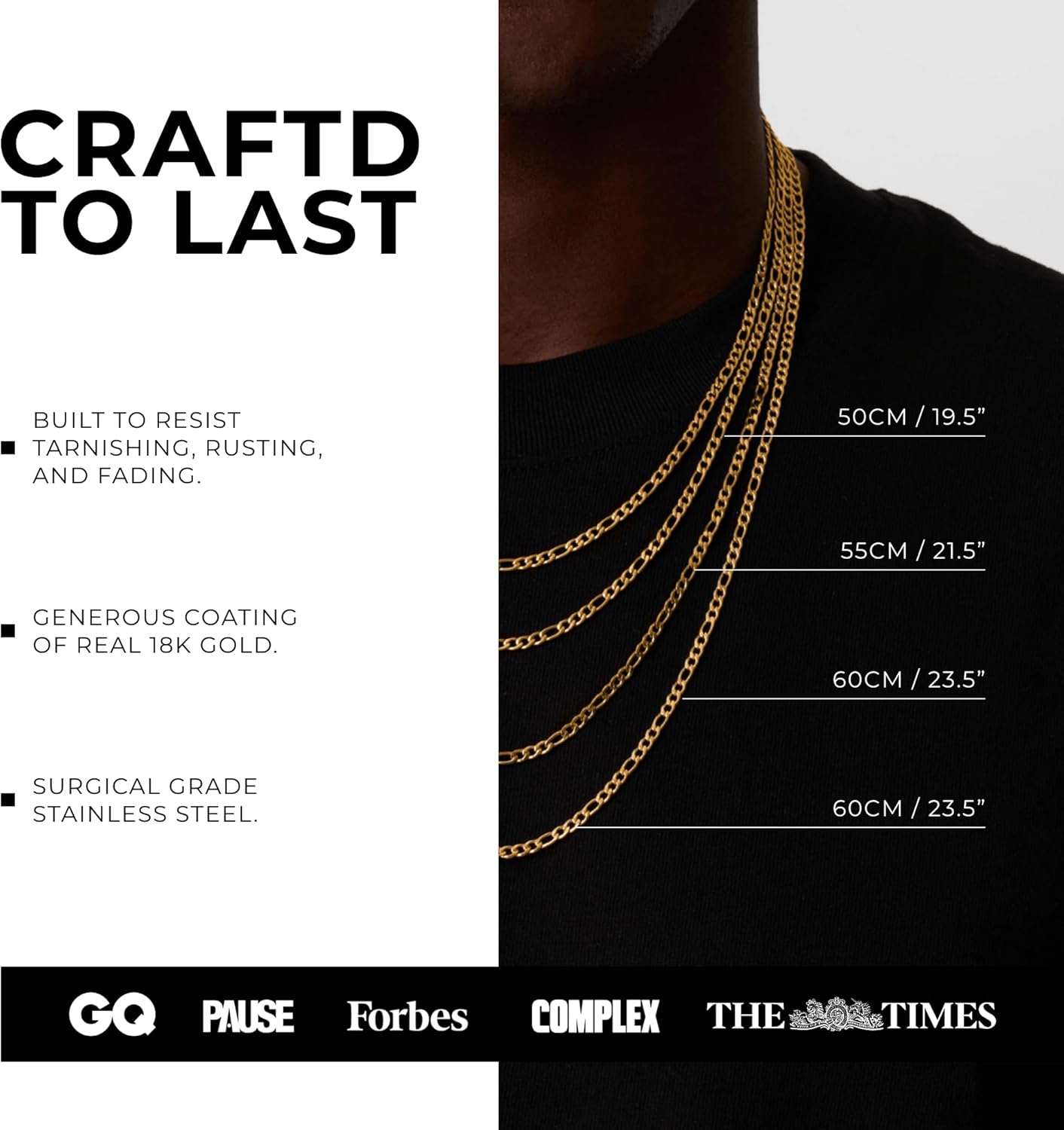 CRAFTD - Gold Figaro Link Chain - Durable 18K Gold & 316L Stainless Steel - Waterproof, Heat & Sweat Resistant - Gifts for Men - Men's Jewelry