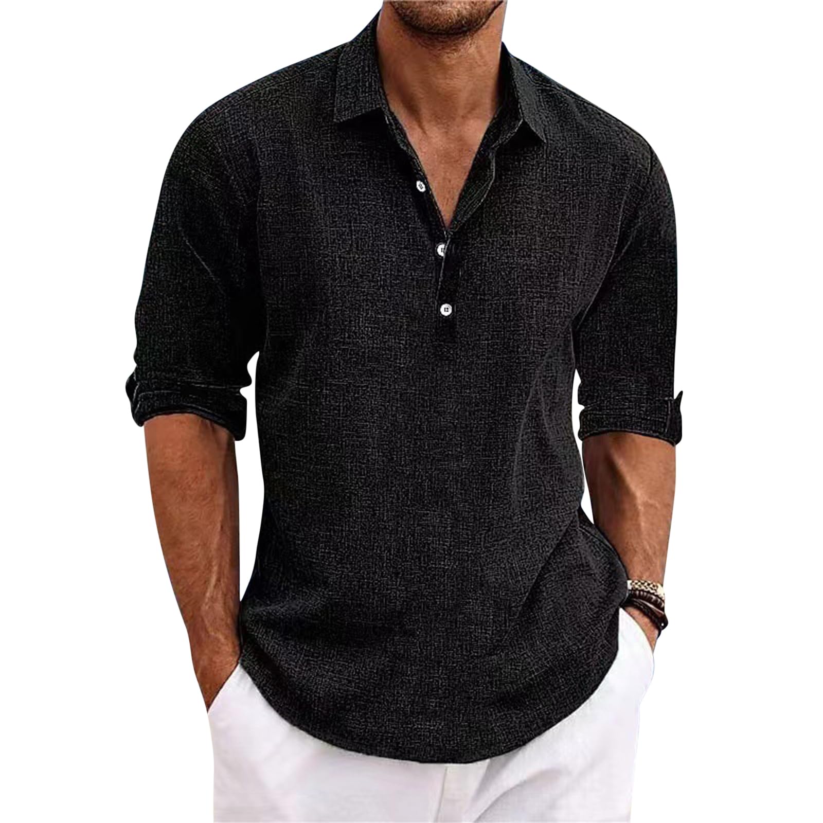 NIBESSER Camisa Lino Hombre Manga Larga Camisa Verano Hombre Elegante Camisa Slim Fit Hombre Casual con Botónes Camisas con Cuello Transpirable Color Sólido para Vacaciones Mar Playa
