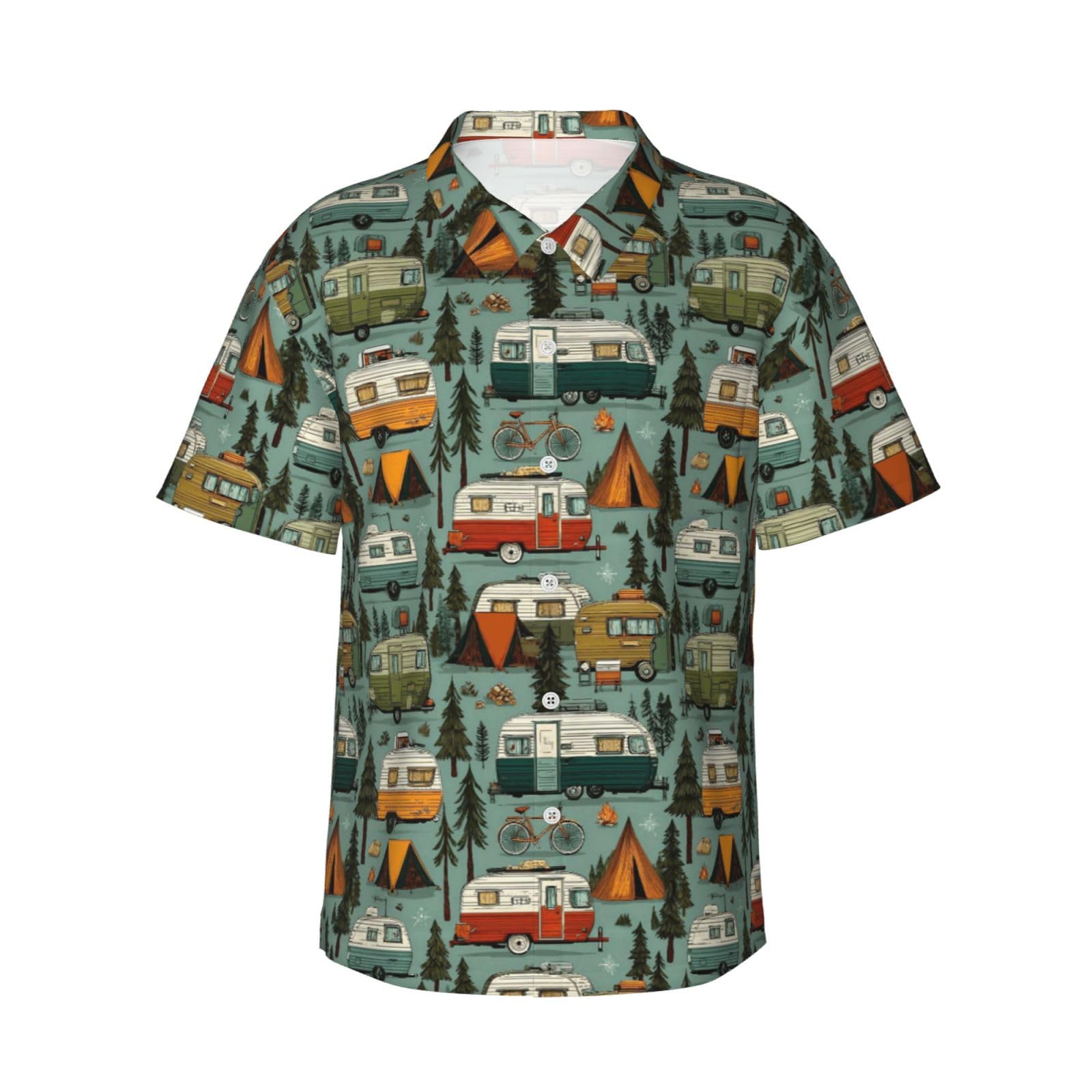 Fwjzdsp Unisex As Pic Camping Caravan Print Men's Hawaiian Shirt, Short Sleeve Tropical Floral Button Down Beach Aloha Shirt