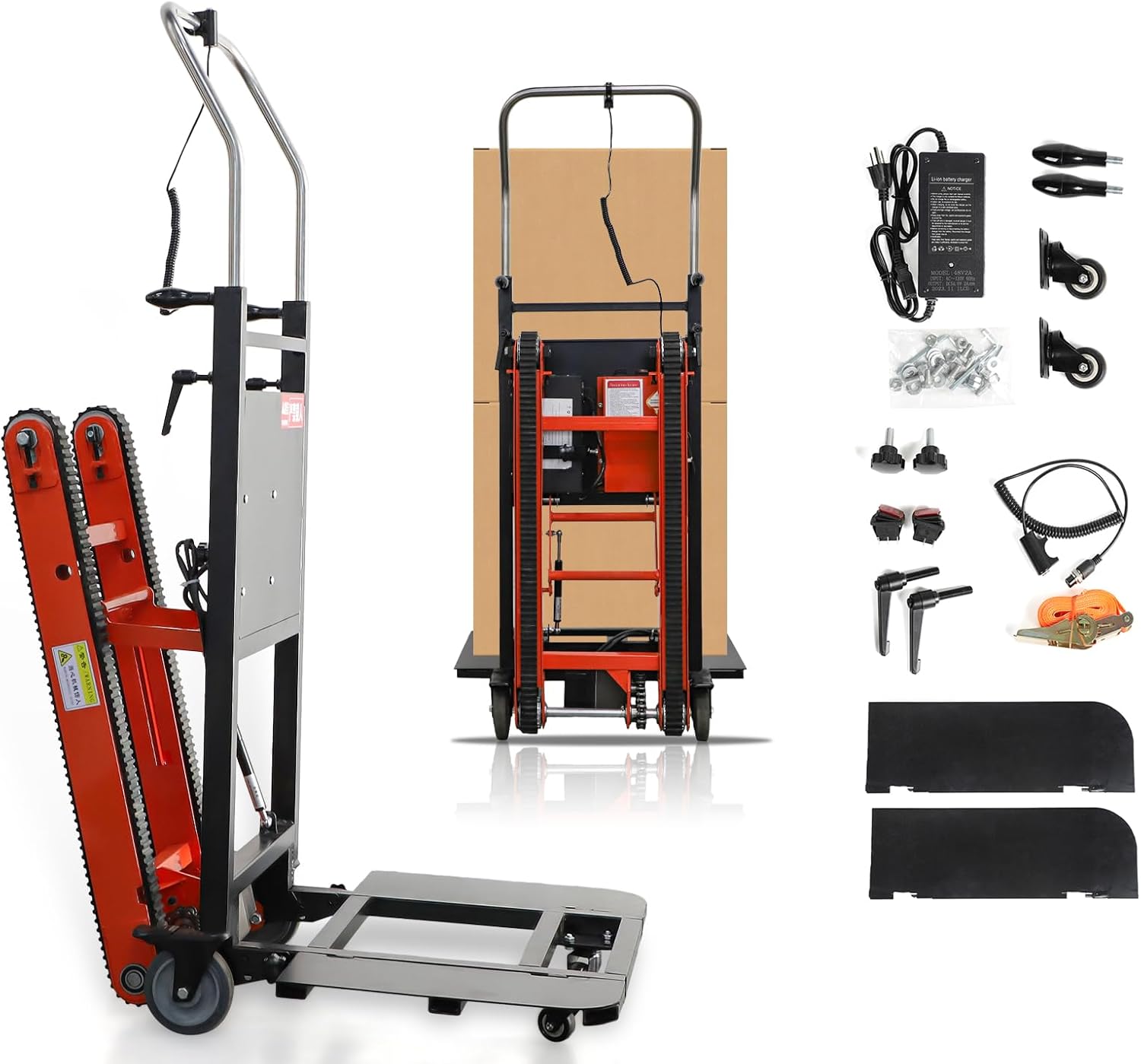 CAMINI 880lb Electric Stair Climbing Hand Trucks Dolly Cart for Moving, 500W-850W Motor Power Heavy Duty Folding Stair Climber Cart Hand Trolley with Solid Wheel (Small Rubber Tracks-Orange)