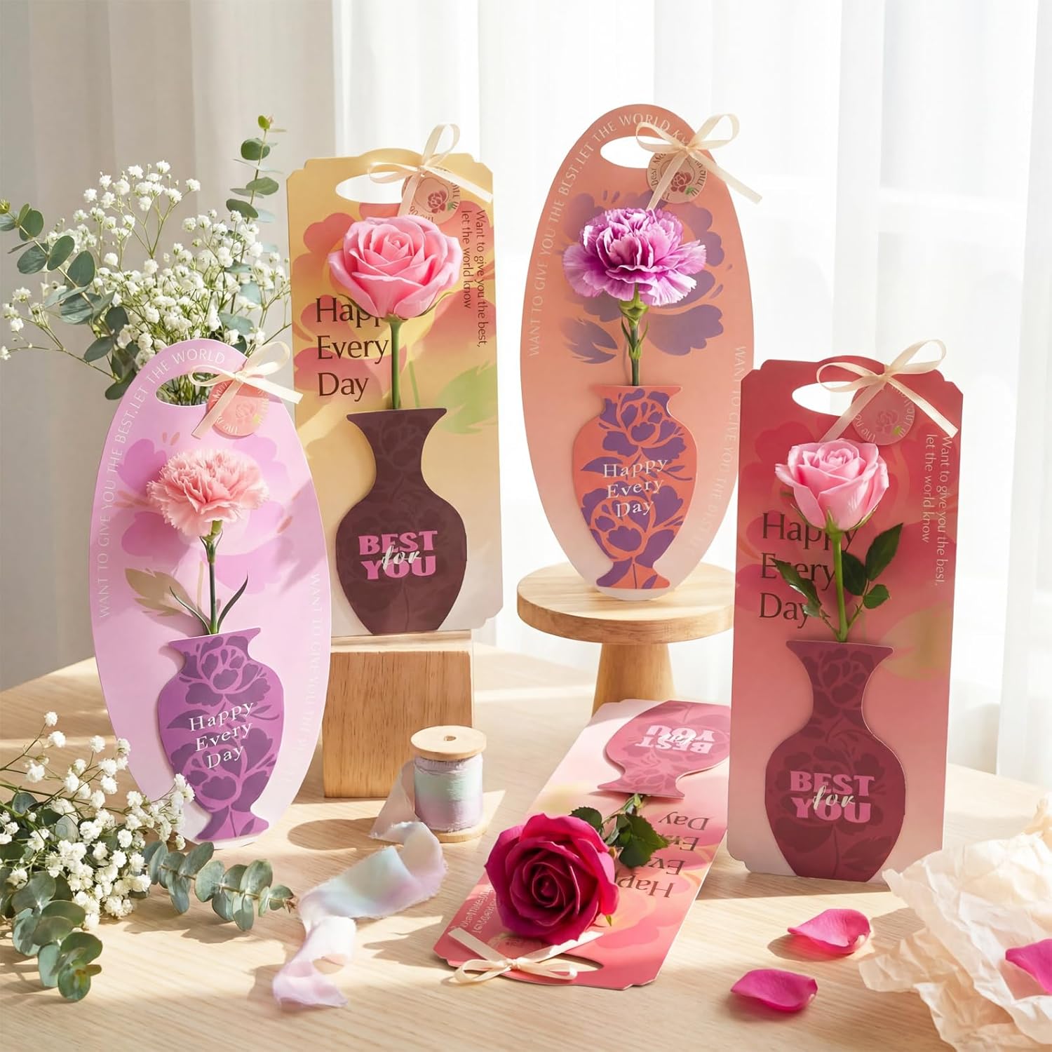 Gueevin 24 Pack Mother's Day Flower Bouquet Gift Boxes Single Rose Carnation Floral Cards Sleeve Gift Packaging with Tags Ribbon 4 Styles Flower Insert Card Holder for Mother's Day Floral Arrangements