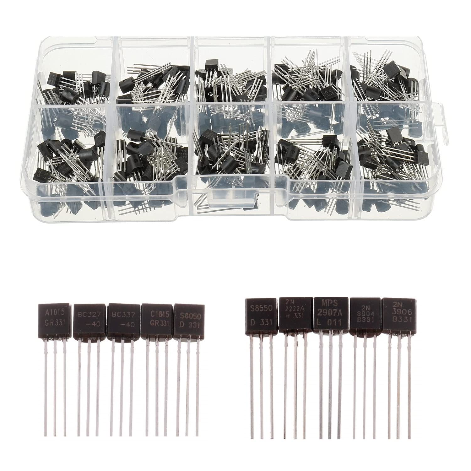 Quad Store 10 Values 250 Pcs A1015 BC327 BC337 C1815 S8050 S8550 2N2222 2N2907 2N3904 2N3906 PNP NPN Power General Purpose Transistors Assortment Kit-image-4