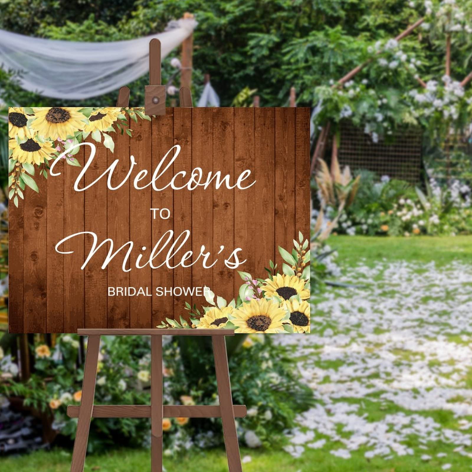 Panneau bienvenue Bridal Shower en bois noble avec monogramme artistique pour fête de mariage