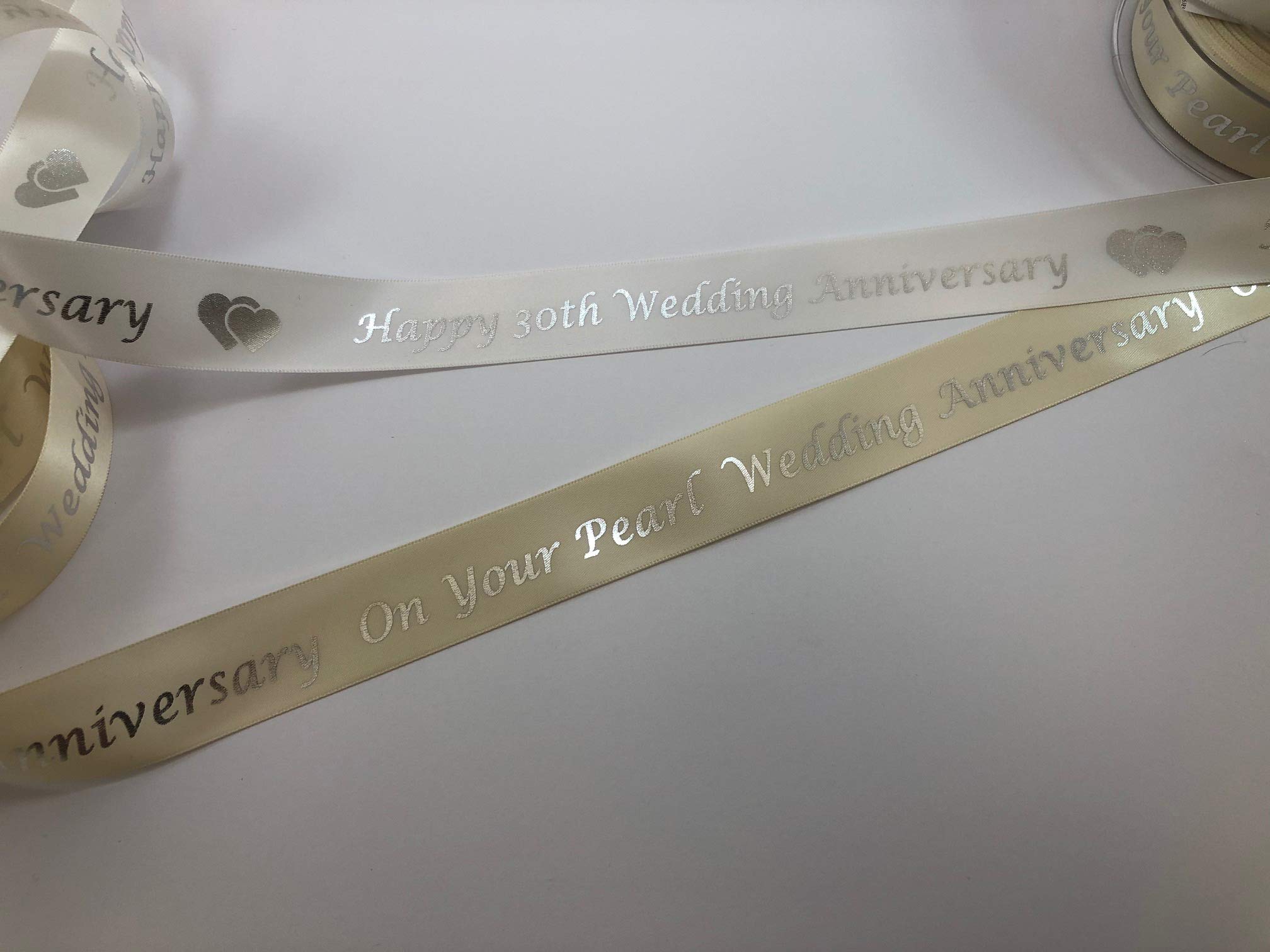 Ribbon Writer Happy 30Th' On Ivory Ribbon Happy 30Th Wedding Anniversary 25Mm Ivory Satin Ribbon With Metallic Silver Print, 1 Metre Length