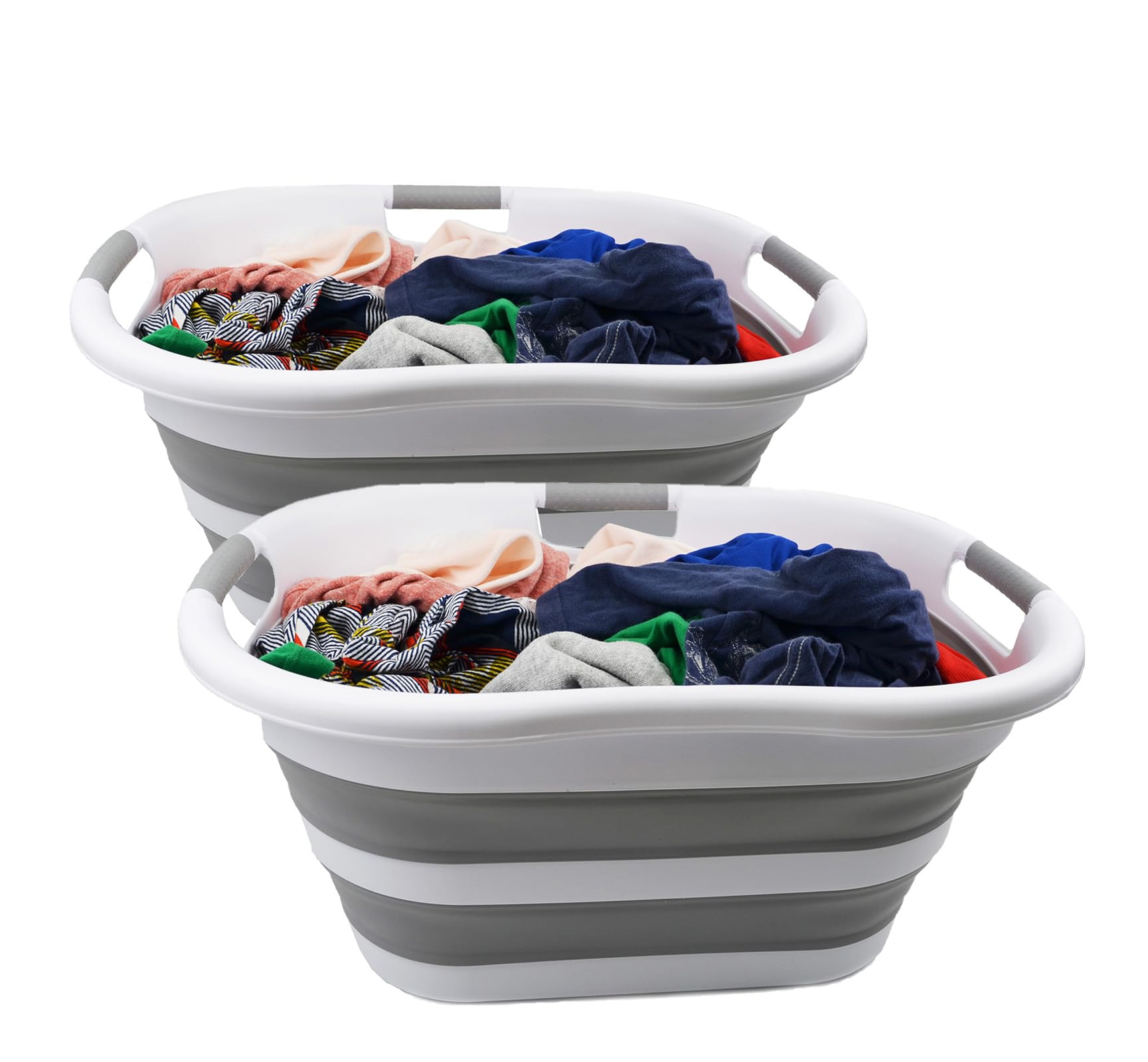SAMMART 40L zusammenklappbarer Wäschekorb aus Kunststoff – platzsparender Aufbewahrungsbehälter/Organizer – tragbare Waschwanne – faltbarer Pop-Up-Wäschekorb/Korb (2, Weiß/Grau)
