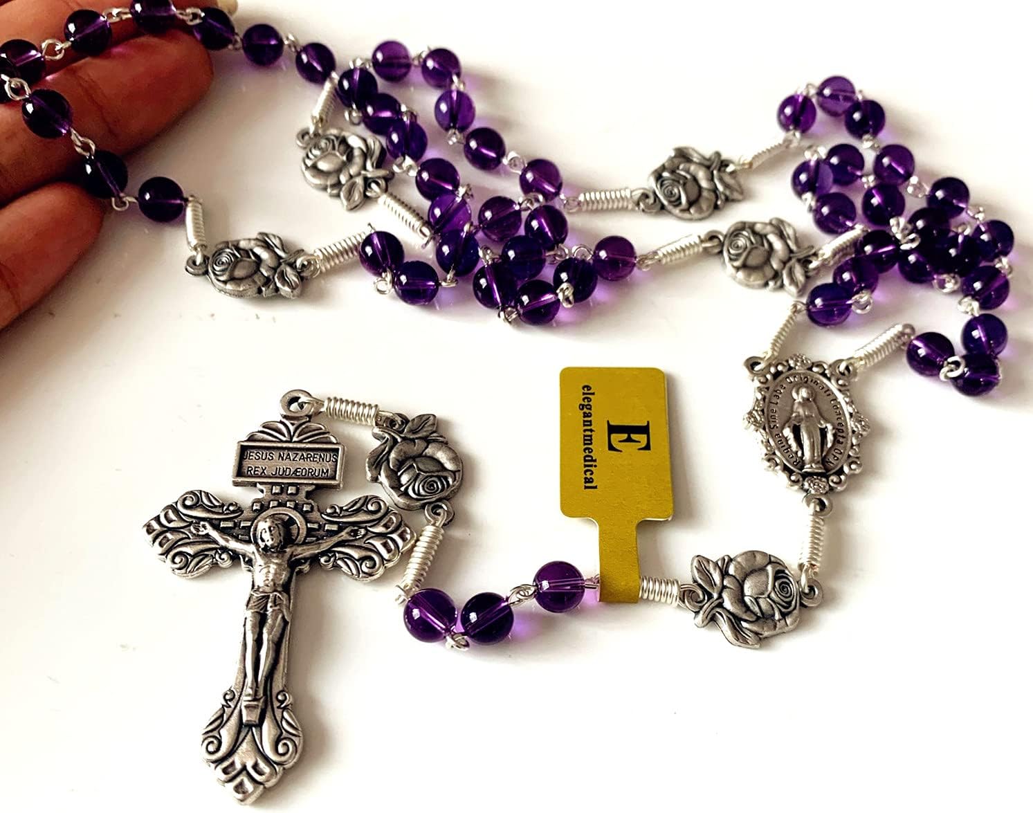 elegantmedical Handmade Catholic Amethyst Beads Our Lady of Grace Rosary Cross Crucifix Necklace Gift Box - Image 3