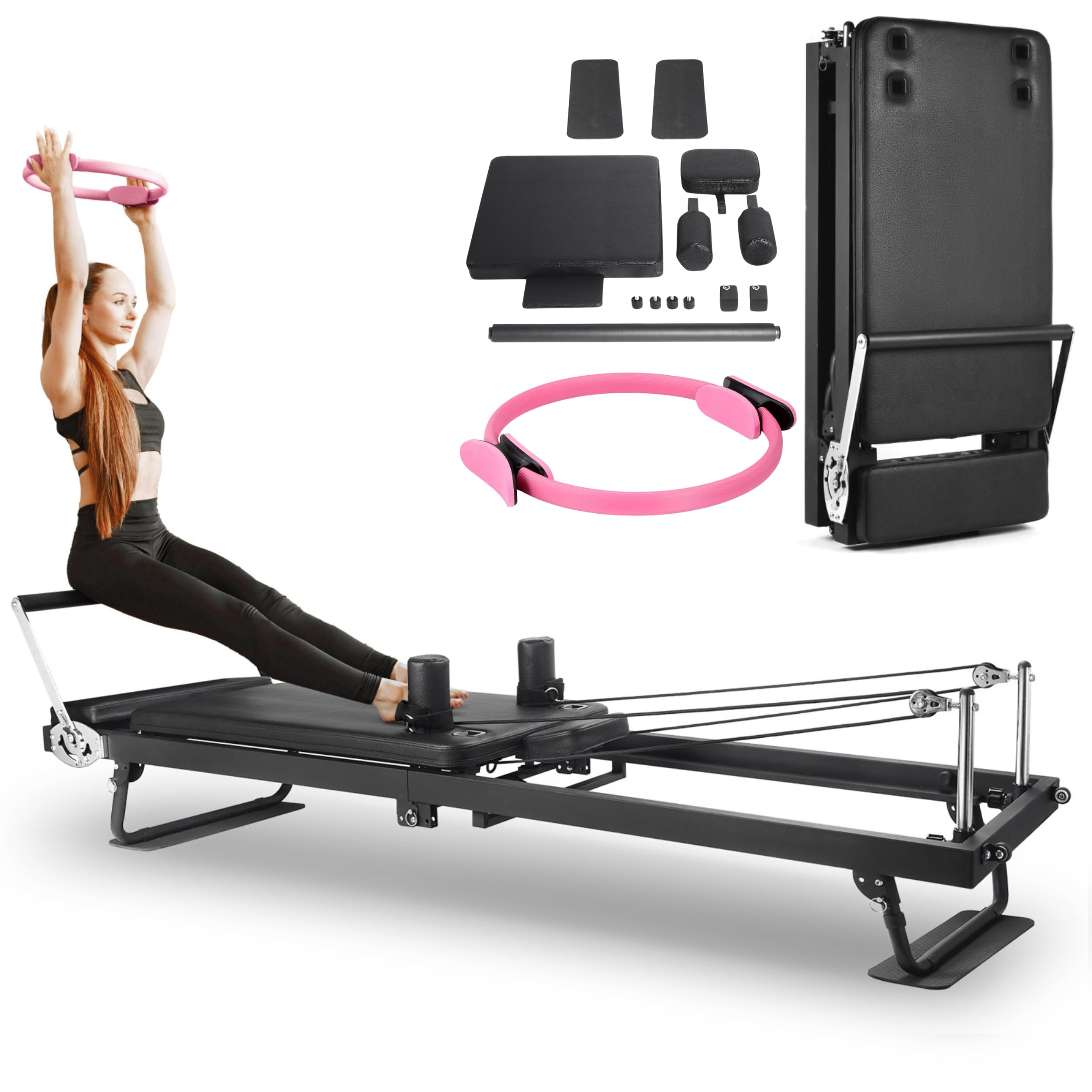 BIOCOR 91" Extended Foldable Pilates Reformer with Pilates Ring Circle & Headrest, Jumpboard, High-Resistance Springs and Springboard Pilates Equipment for Home Workouts up to 500 lbs Weight Capacity