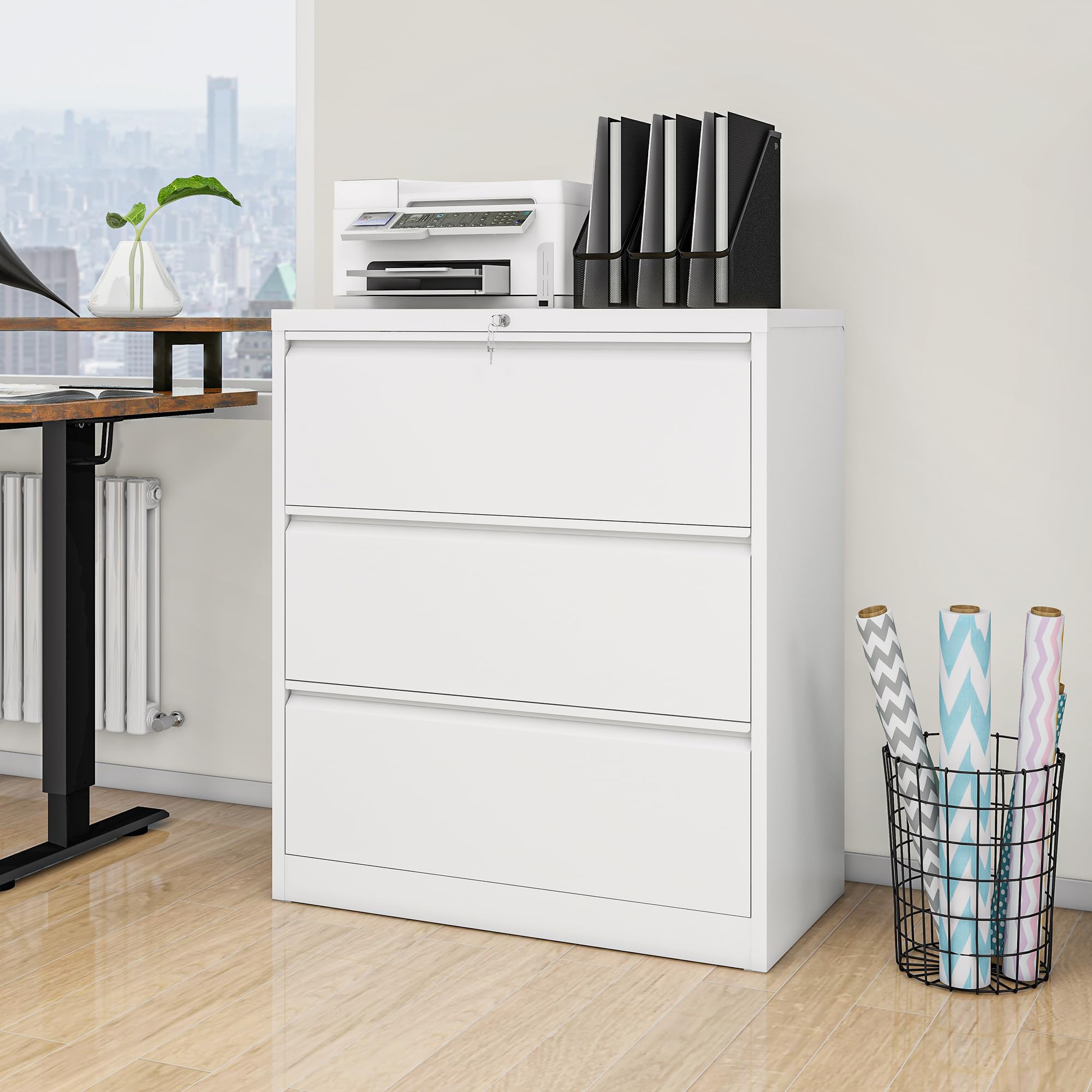 YITAHOME 3 Schubladen Seitliche Büro-Aktenschränke mit Schloss, Metall-Edelstahl-Schrank für A4-Formate, Büro-Organisationsschrank, weiß